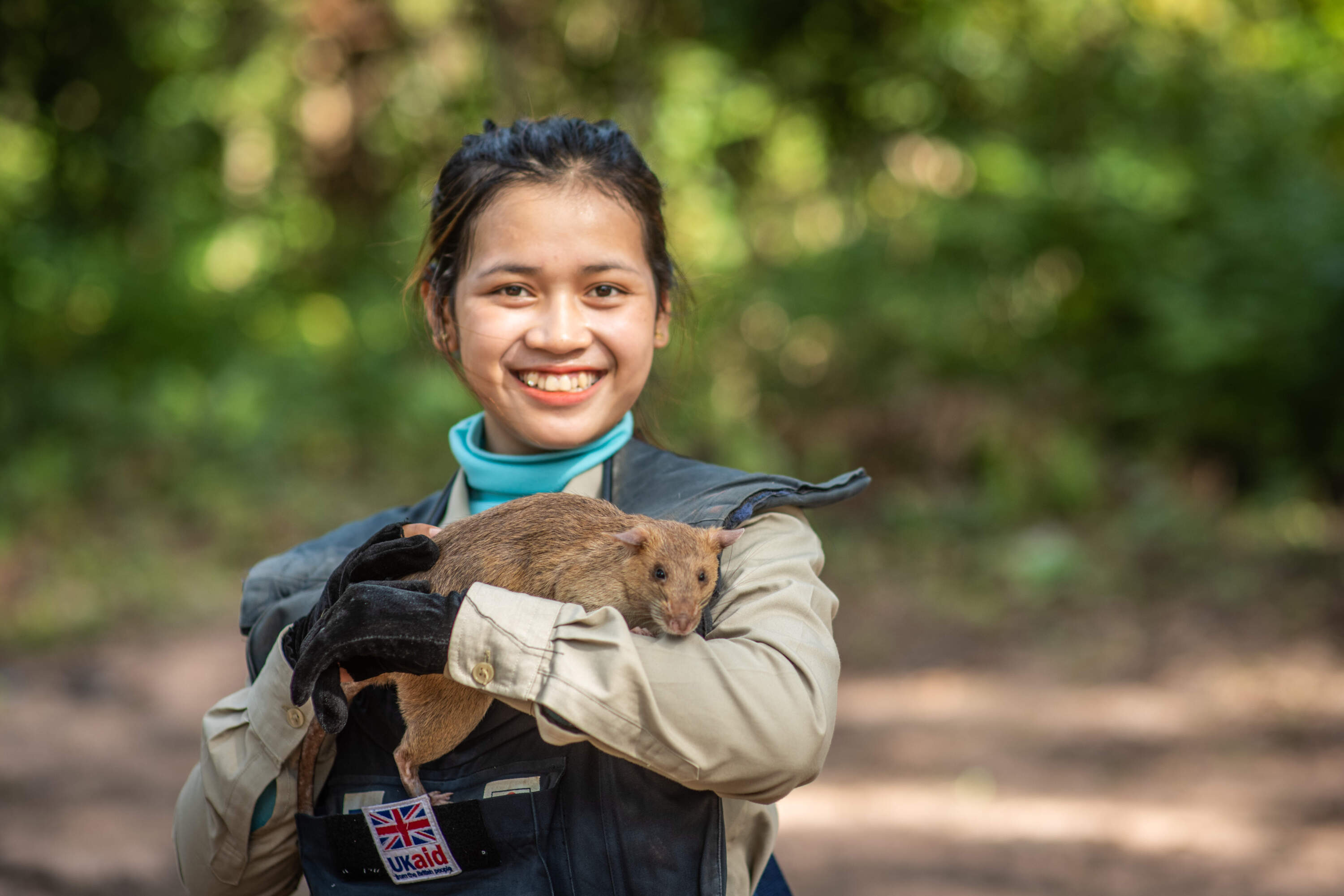 Handler Phanny and Ronin after their search. (Courtesy of APOPO)