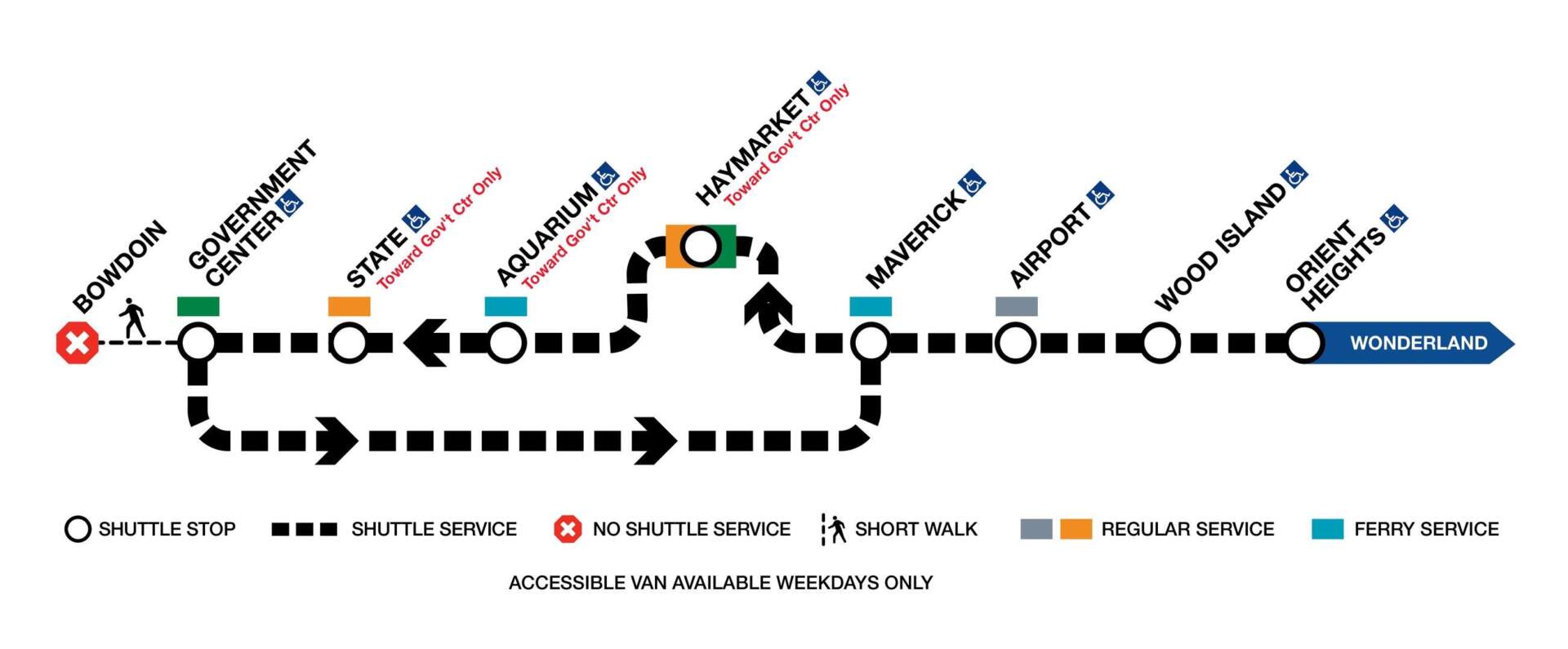 Blue Line service will be suspended between Bowdoin and Orient Heights from June 7 to June 15. (MBTA)