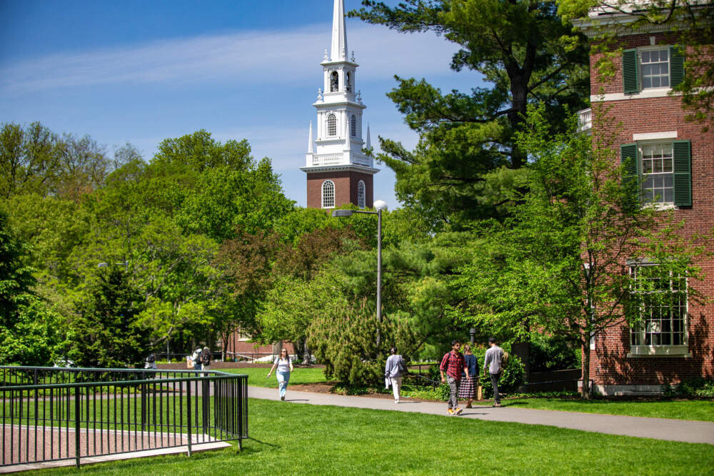 Students walking across the Harvard quad on a sunny day.