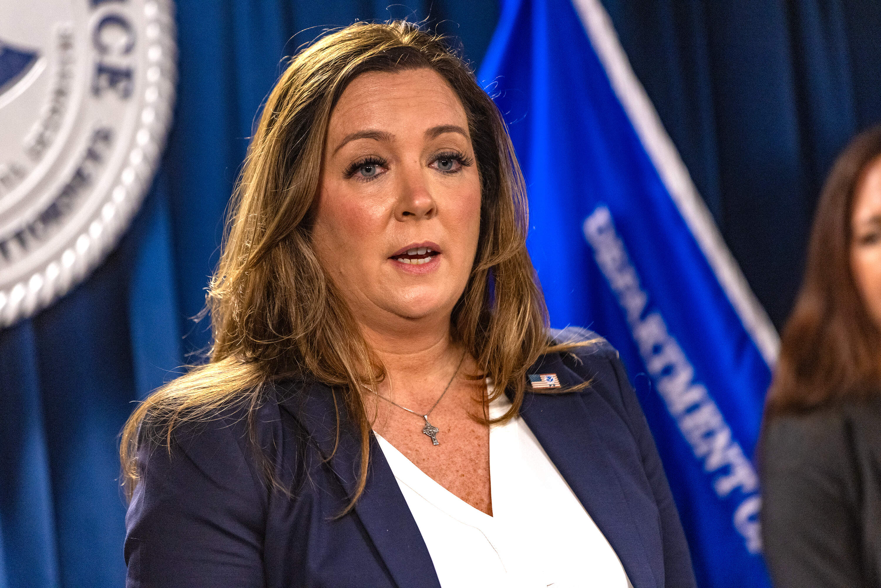 Patricia Hyde, field office director of ICE Enforcement and Removal Operations, speaks during a press conference in Boston Monday. (Jesse Costa/WBUR)
