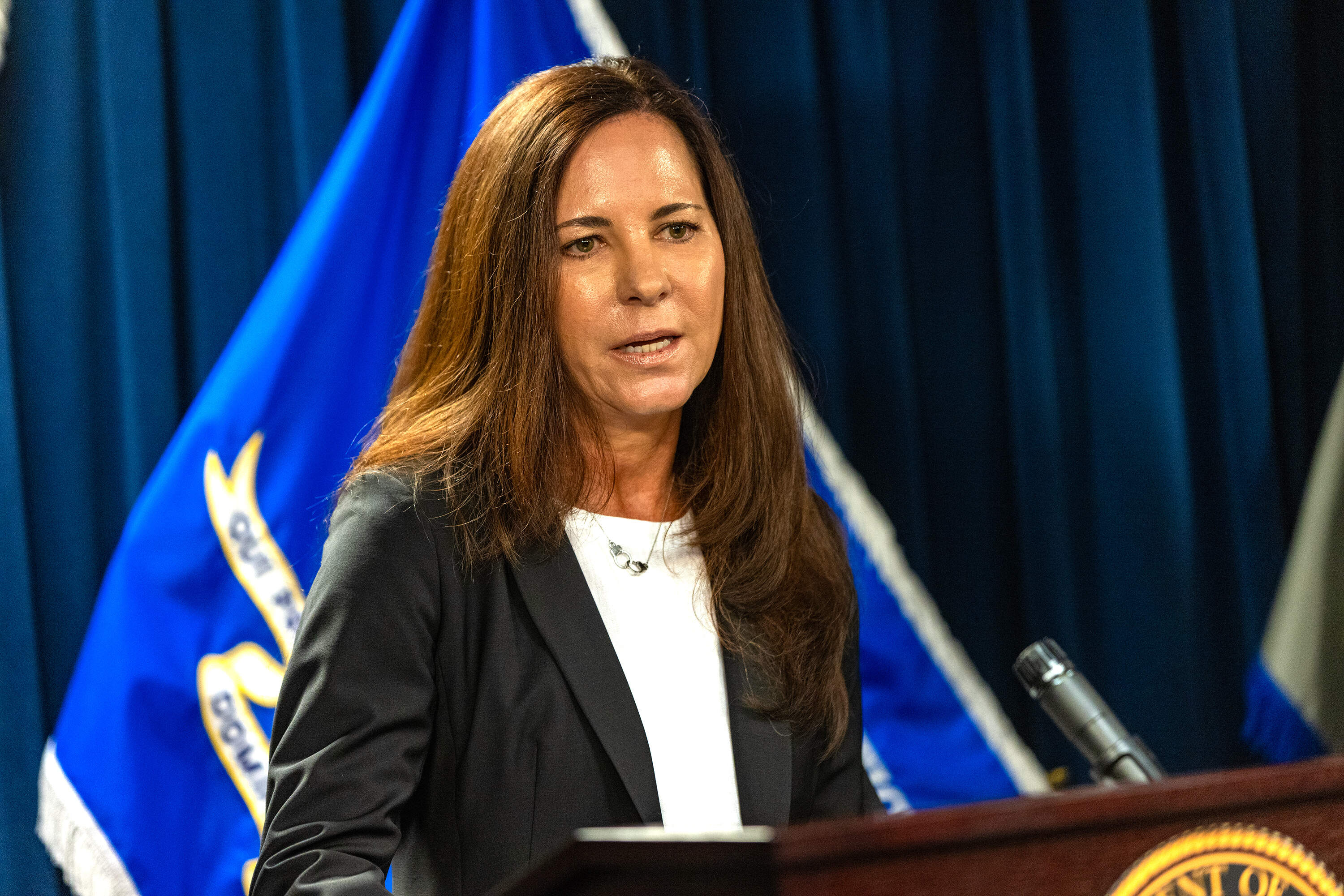 U.S. Attorney for Massachusetts Leah Foley speaks during a June 2 press conference about the month-long immigration enforcement surge in Massachusetts by ICE. (Jesse Costa/WBUR)