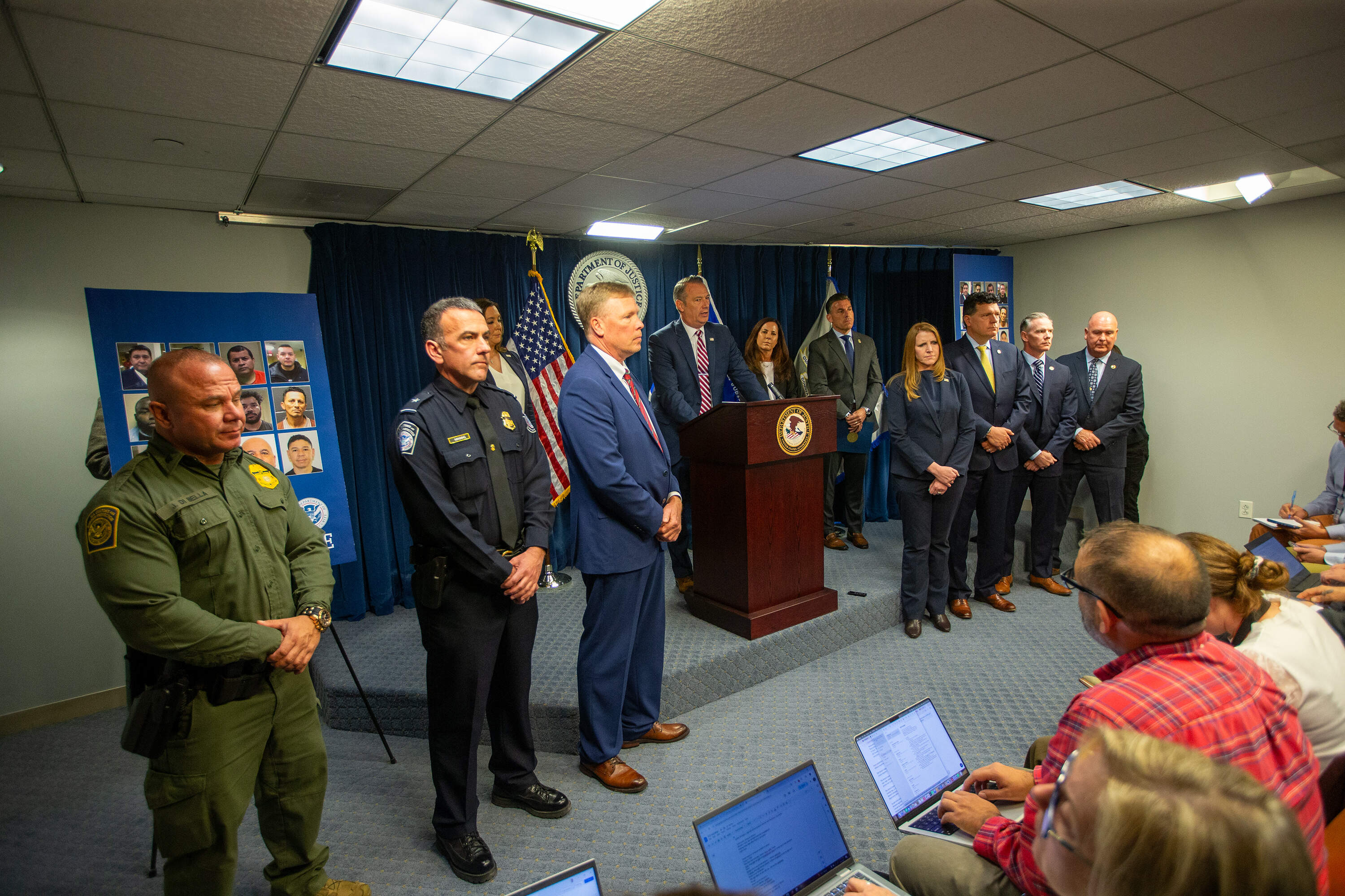 Acting ICE Director Todd Lyons answers questions during a joint press conference in the Boston federal courthouse. (Jesse Costa/WBUR)