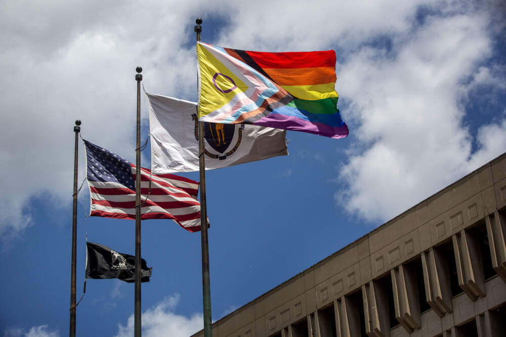 The Pride flag flies at Boston City Hall. (Robin Lubbock/WBUR)