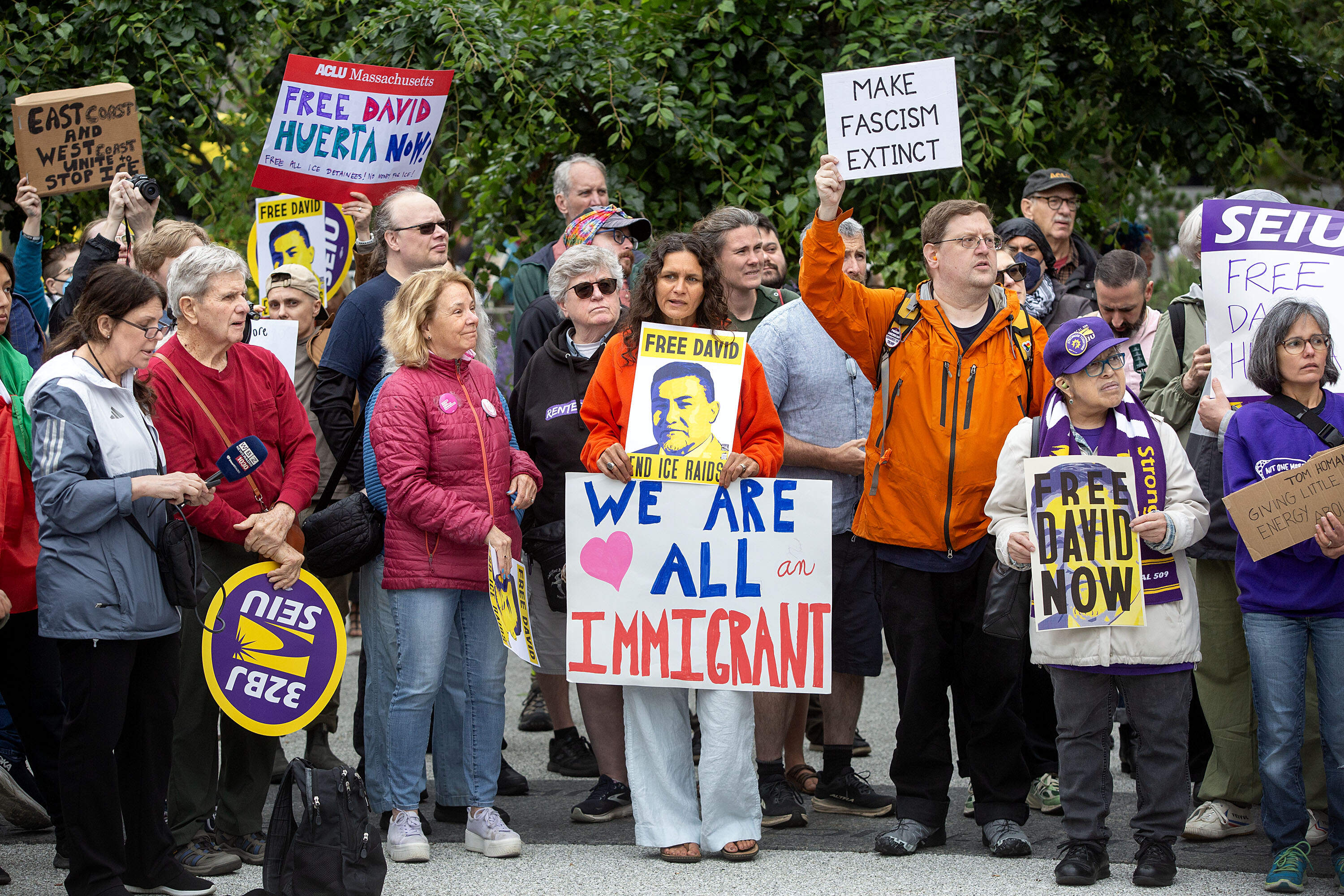 Protesters at the Service Employees International Union solidarity rally at Boston City Hall Plaza. (Robin Lubbock/WBUR)