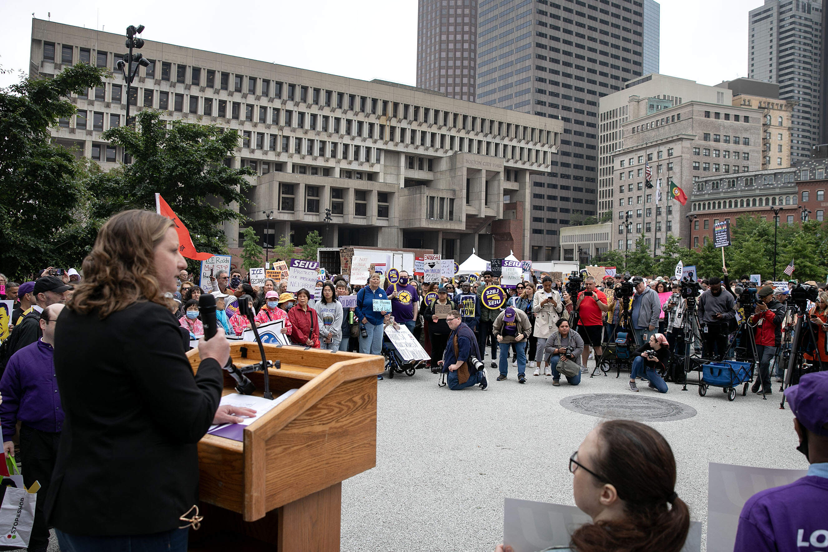 Service Employees International Union supporters gathered on City Hall Plaza calling for the release of David Huerta President of the Service Employees International Union-United Service Workers West, who was arrested during protests in Los Angeles. (Robin Lubbock/WBUR)