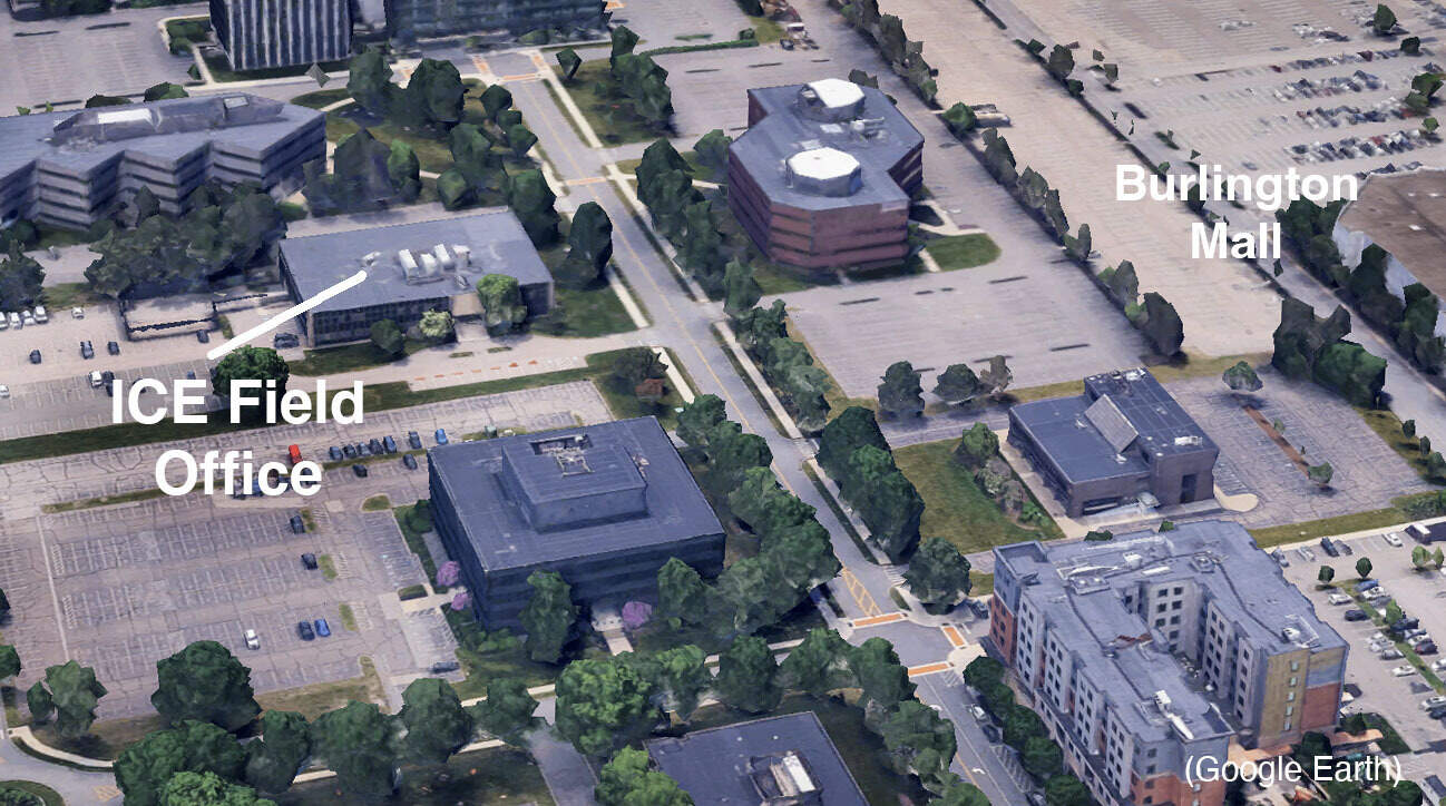 A view of the ICE facility in Burlington from above via Google Earth. (Robin Lubbock/WBUR)