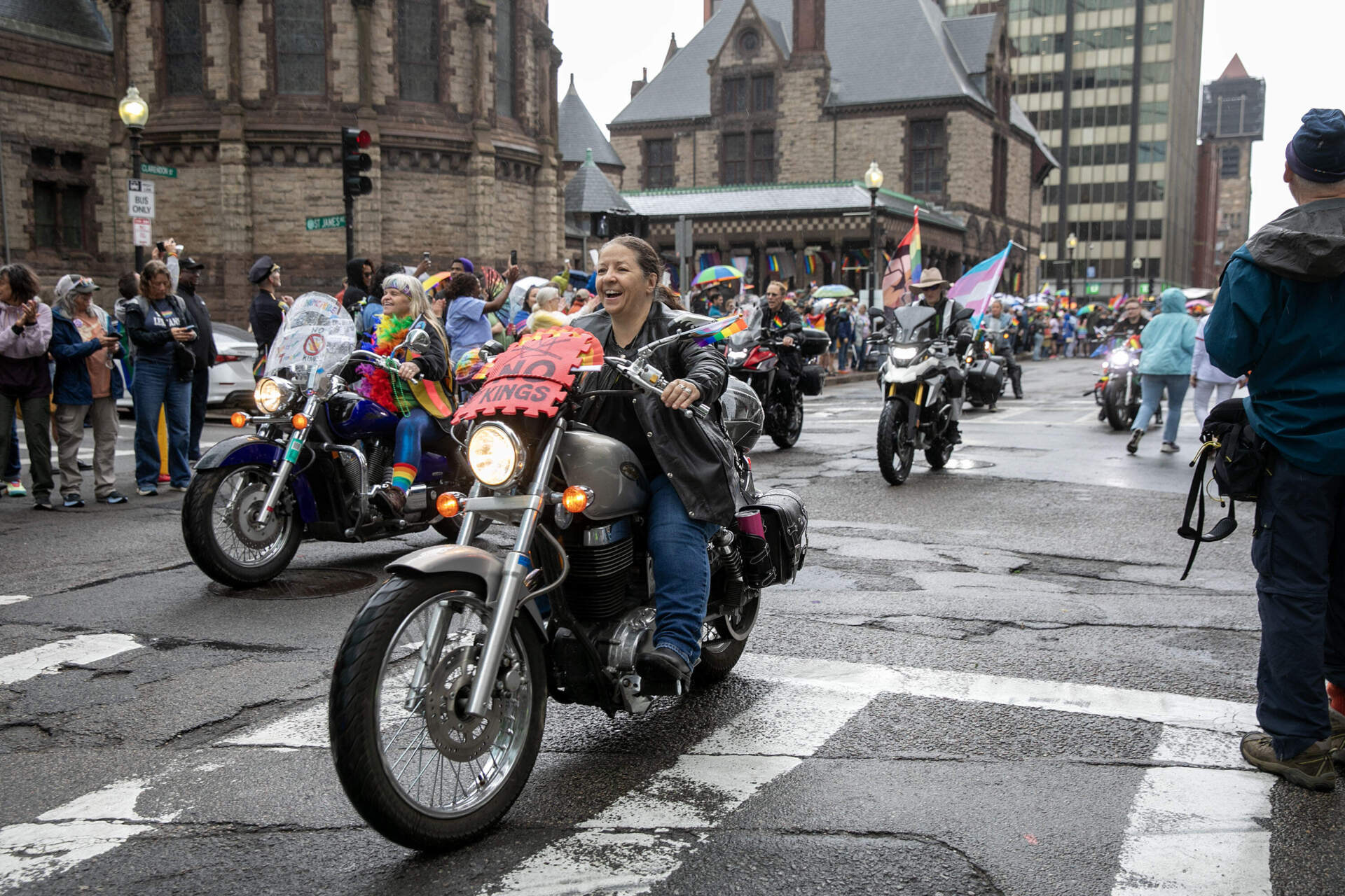 Motorcycles lead the Boston Pride Parade out of Copley Square. (Robin Lubbock/WBUR)