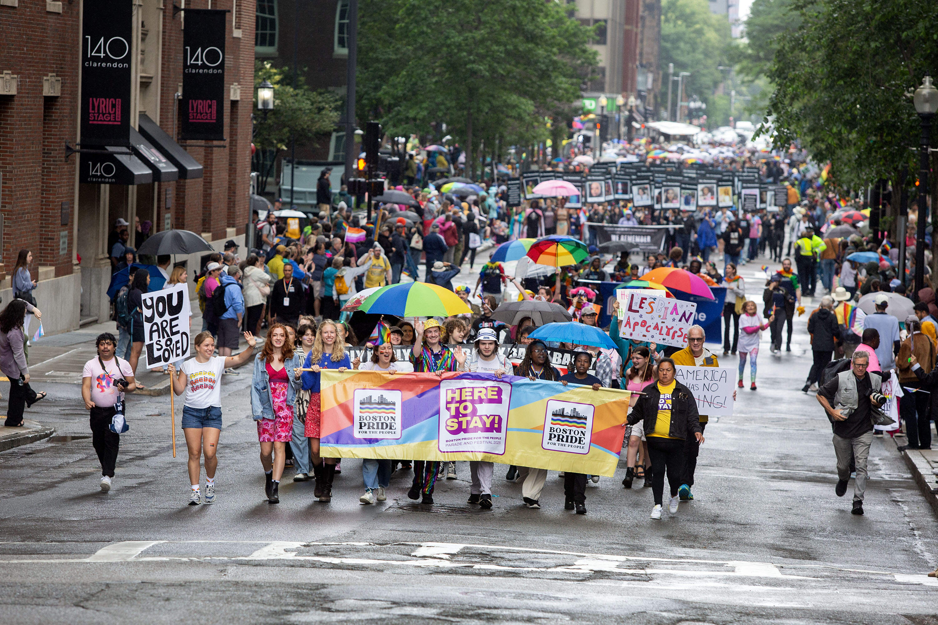 The Boston Pride Parade makes its way along Clarendon St. (Robin Lubbock/WBUR)