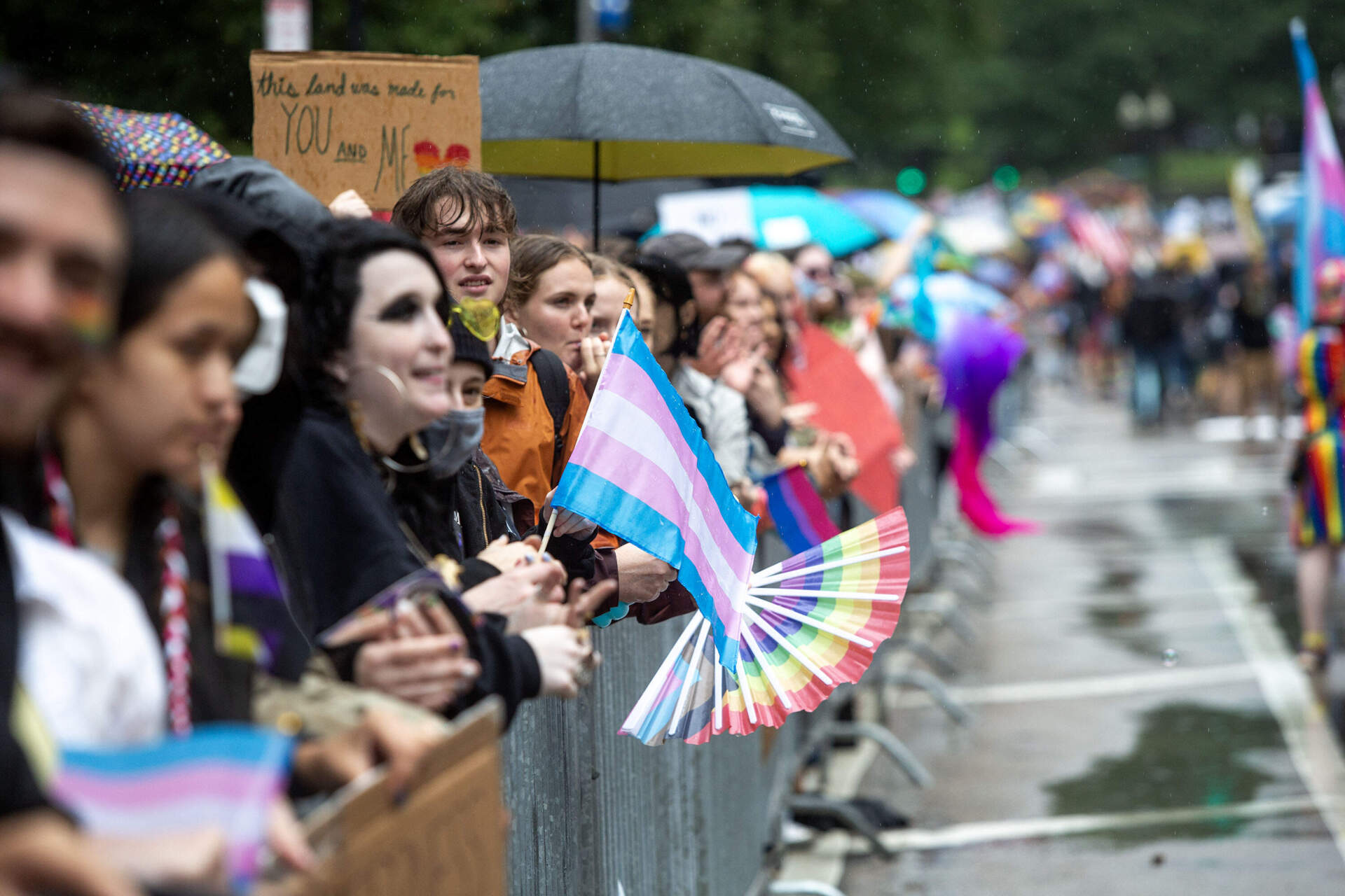 Parade supporters line Boylston Street to cheer the Boston Pride Parade. (Robin Lubbock/WBUR)