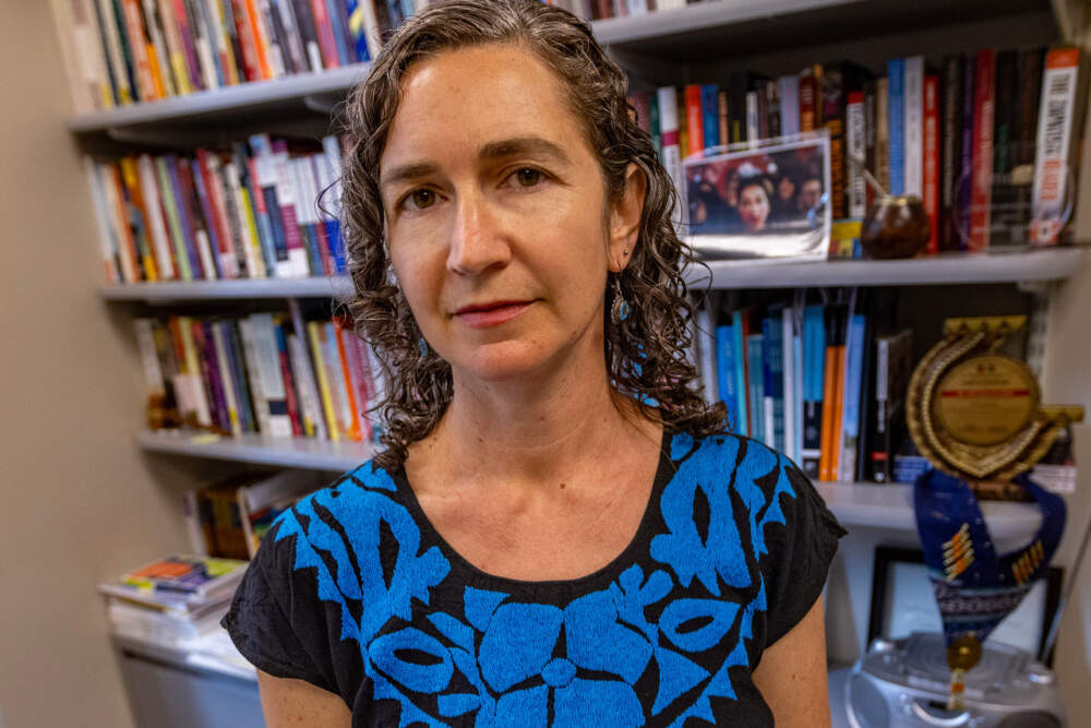 Mneesha Gellman, an Emerson College political science professor and expert on El Salvador, supplied well-known points in regards to the crowd in John Doe’s petition. (Jesse Costa/WBUR)