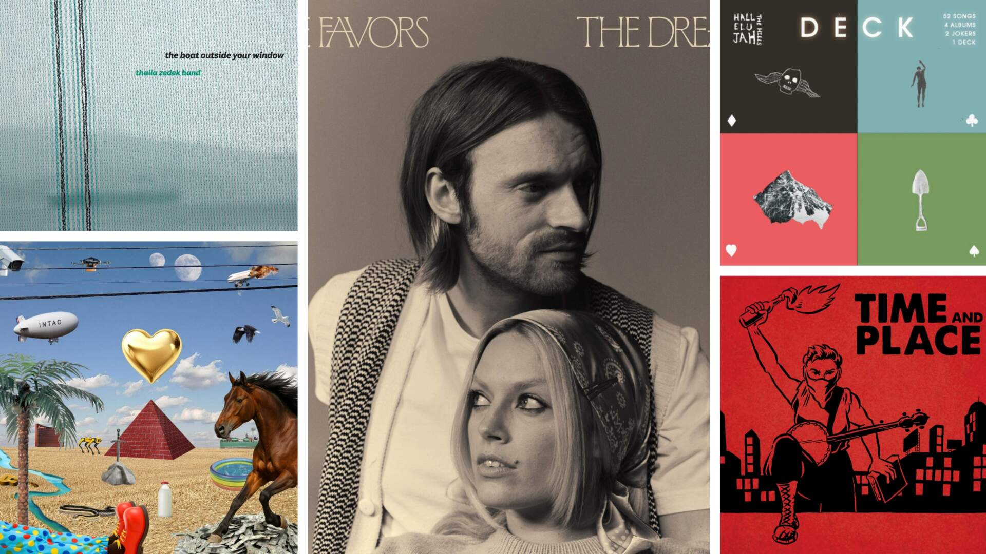 Album covers clockwise from top left: Thalia Zedek Band's "The Boat Outside Your Window" (Courtesy Thrill Jockey); The Favors' "The Dream" (Courtesy Darkroom Records); Hallelujah the Hills' "DECK" (Courtesy); Time and Place's "Time and Place" (Courtesy Joe Botsch); and Intac "Money Love Music" (Courtesy).