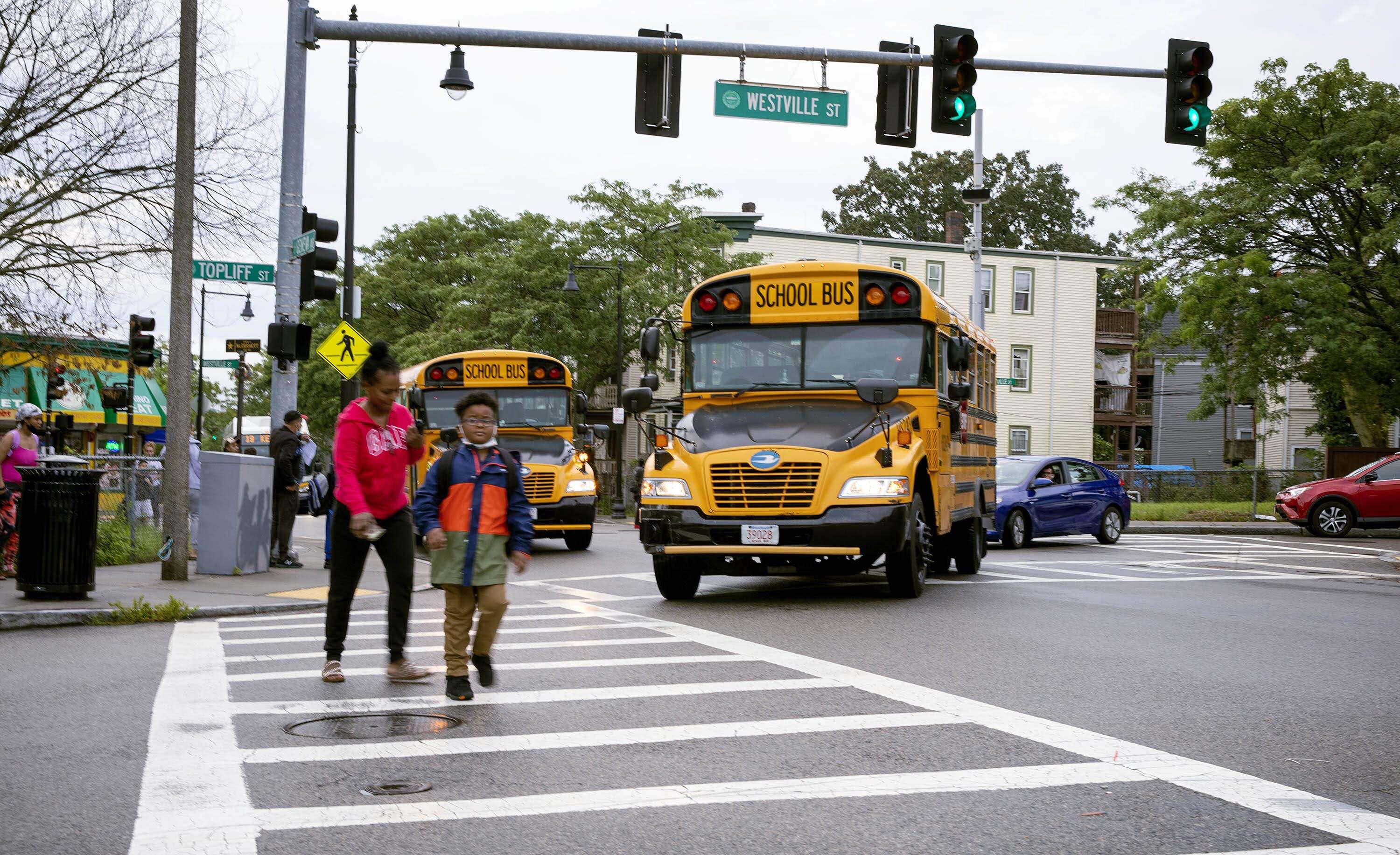 School buses on Geneva Avenue in Dorchester.