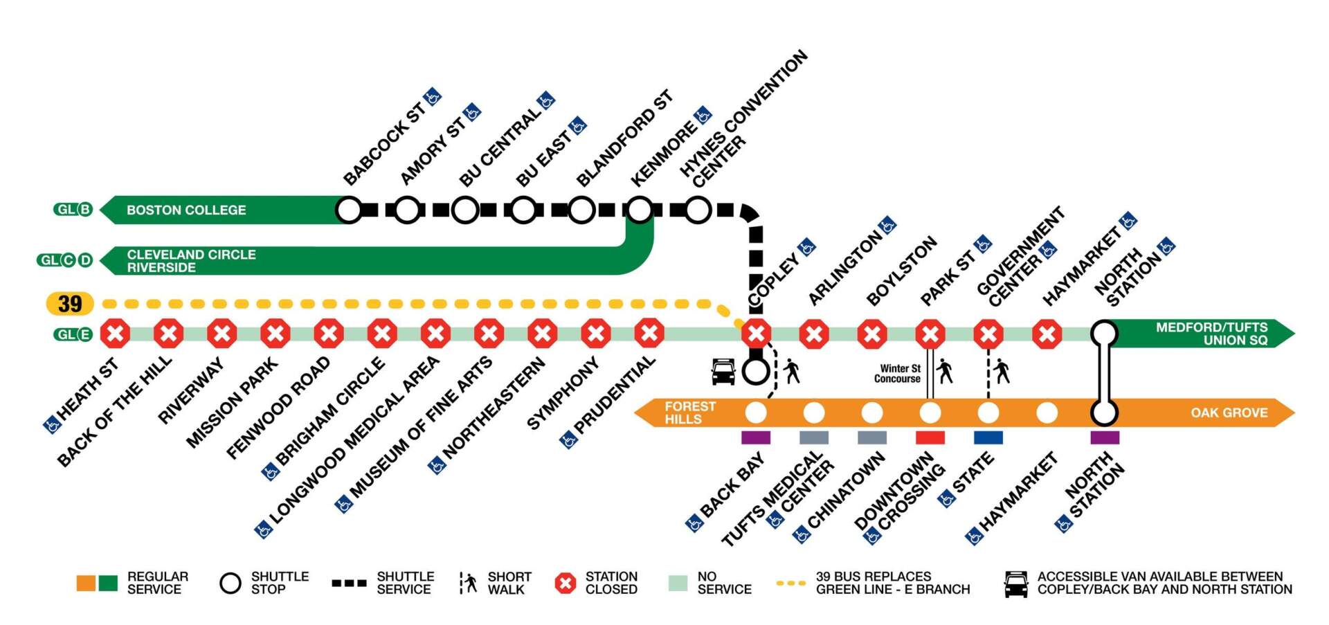 A graphic of the Green Line diversion starting at 8 p.m. on Wednesday, June 4, through the end of service Sunday, June 8.