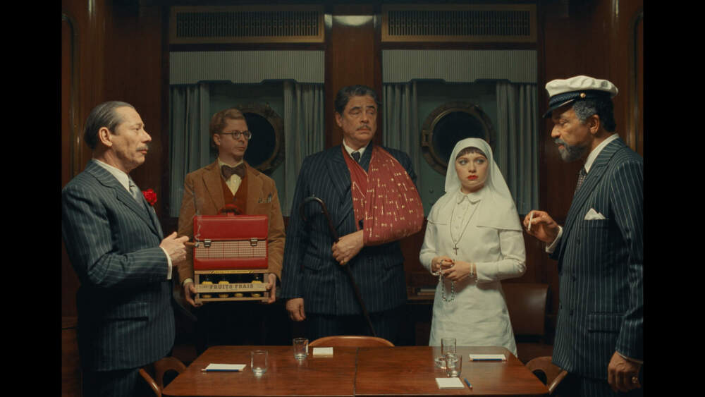 From left: Mathieu Amalric, Michael Cera, Benicio Del Toro, Mia Threapleton and Jeffrey Wright in director Wes Anderson's "The Phoenician Scheme." (Courtesy of TPS Productions/Focus Features)