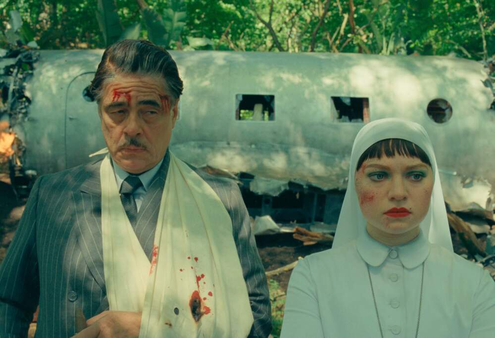From left: Benicio Del Toro and Mia Threapleton in director Wes Anderson's "The Phoenician Scheme." (Courtesy of TPS Productions/Focus Features)