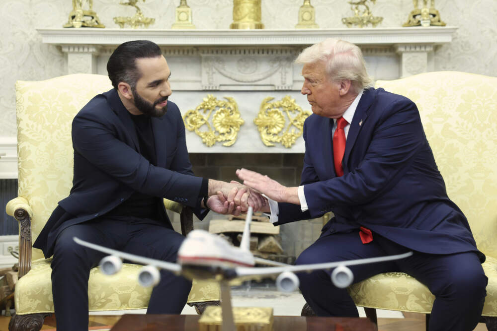 El Salvador's President Nayib Bukele shakes palms with President Trump in the White Dwelling on April 14, 2025. (Pool by design of AP)