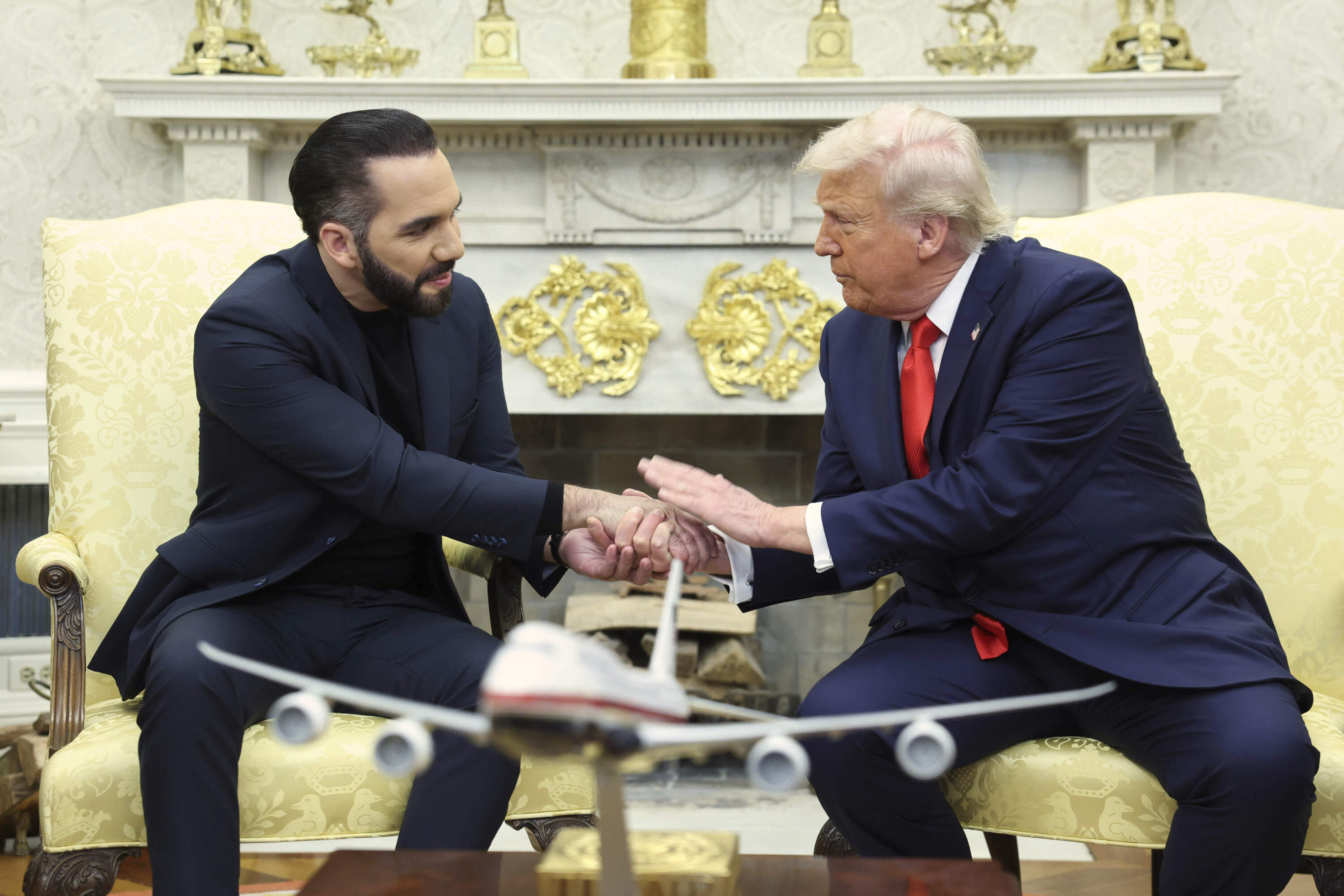 El Salvador's President Nayib Bukele shakes hands with President Trump in the White House on April 14, 2025. (Pool via AP)