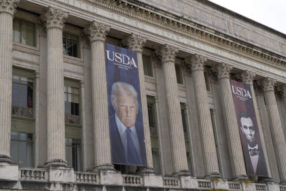 Banners with the photographs of PresidentTrump and President A Lincoln hang near the entrance of the U.S. Department of Agriculture building in Washington, D.C. on Friday, May 16. (Jose Luis Magana/AP)