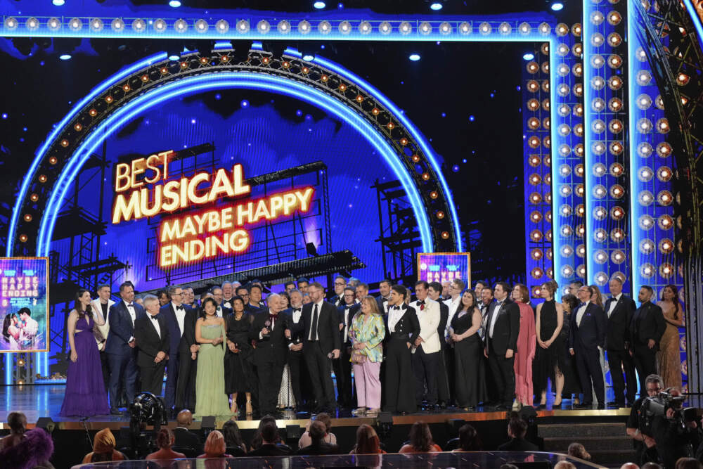 The cast and crew of "Maybe Happy Ending" accept the award for best musical for during the 78th Tony Awards on Sunday, June 8, 2025, at Radio City Music Hall in New York. (Charles Sykes/Invision/AP)