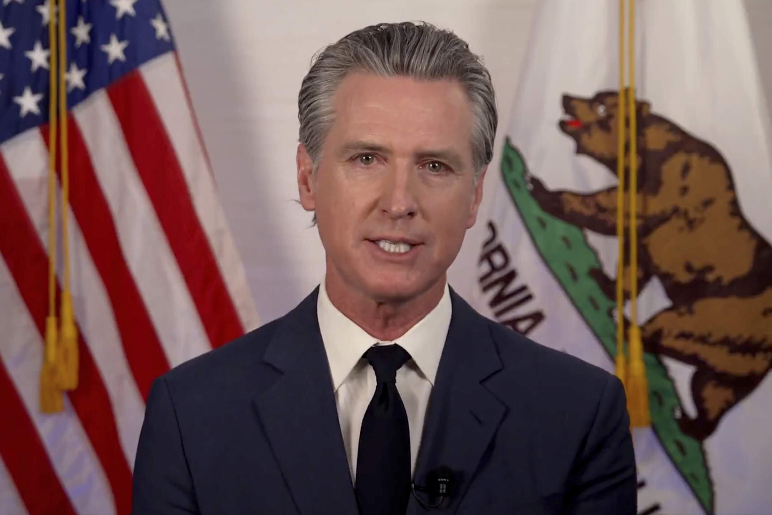 Gov. Gavin Newsom speaks during an address on Tuesday, June 10, 2025. (Office of California Governor via AP)