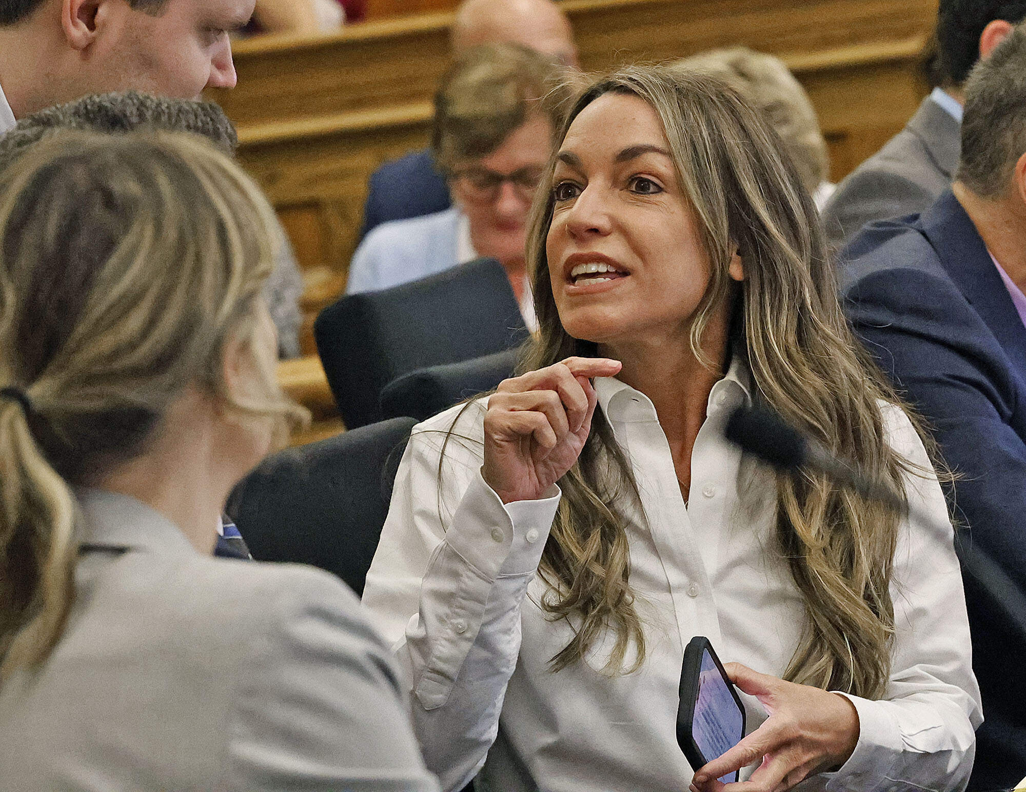 Karen Read talks with her defense in Norfolk Superior Court, Wednesday, June 11, 2025, in Dedham. (Greg Derr/The Patriot Ledger via AP, Pool)
