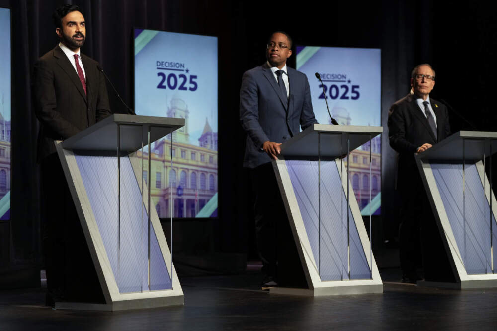 Assemblyman Zohran Mamdani, left, speaks during the final primary New York City mayoral debate, at the John Jay College of Criminal Justice in the Gerald W. Lynch Theater, in New York City, Thursday, June 12, 2025. (Vincent Alban/The New York Times via AP)