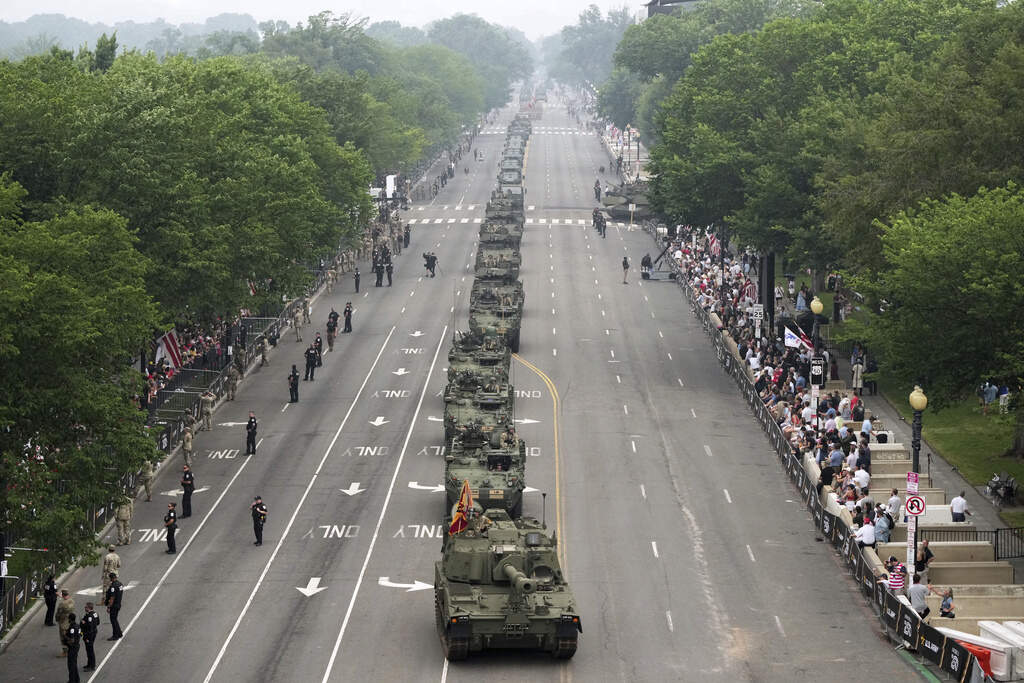 A military parade commemorating the Army's 250th anniversary and coinciding with President Donald Trump's 79th birthday, Saturday, June 14, 2025, in Washington. (AP Photo/Jacquelyn Martin)