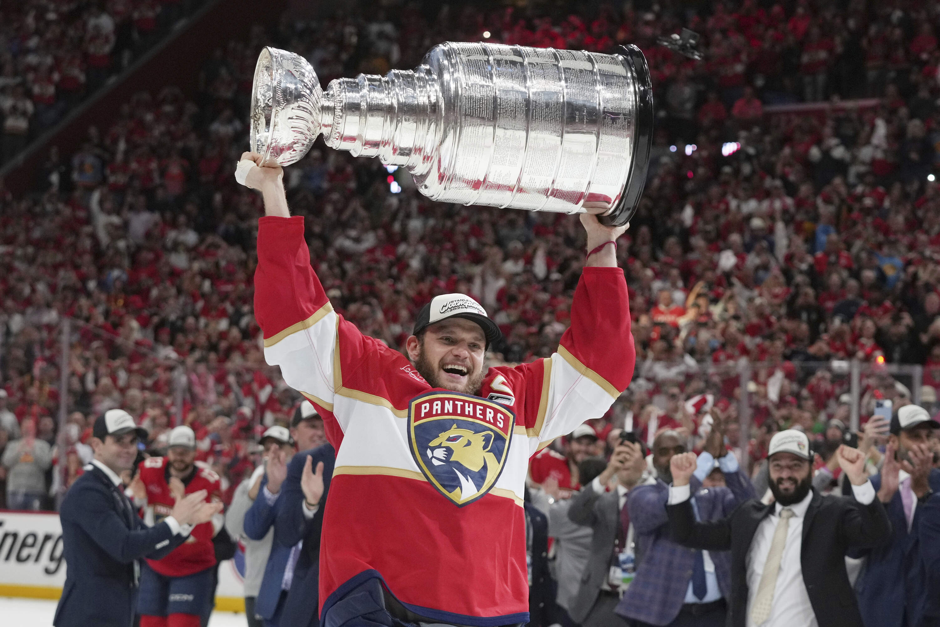 Florida Panthers captain Aleksander Barkov (16) raises the Stanley Cup after defeating the Edmonton Oilers in Game 6 of the NHL hockey Stanley Cup Final Tuesday, June 17, 2025, in Sunrise, Fla. (Lynne Sladky/AP)