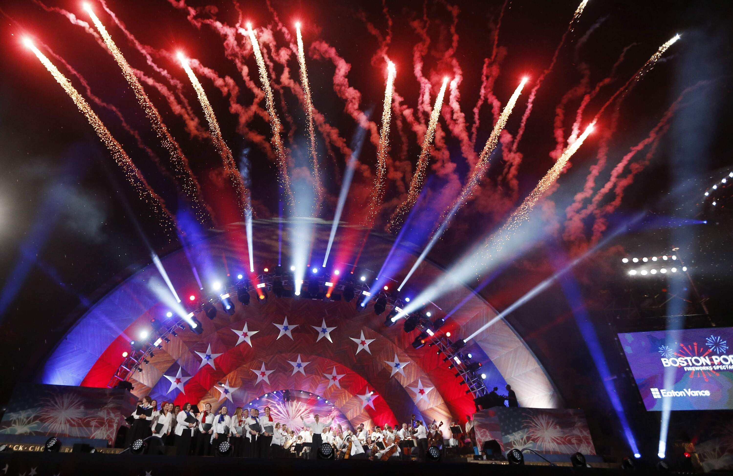 Fireworks explode over the Hatch Shell during rehearsal for the Boston Pops Fireworks Spectacular in Boston, on July 3, 2018. (Michael Dwyer/AP)