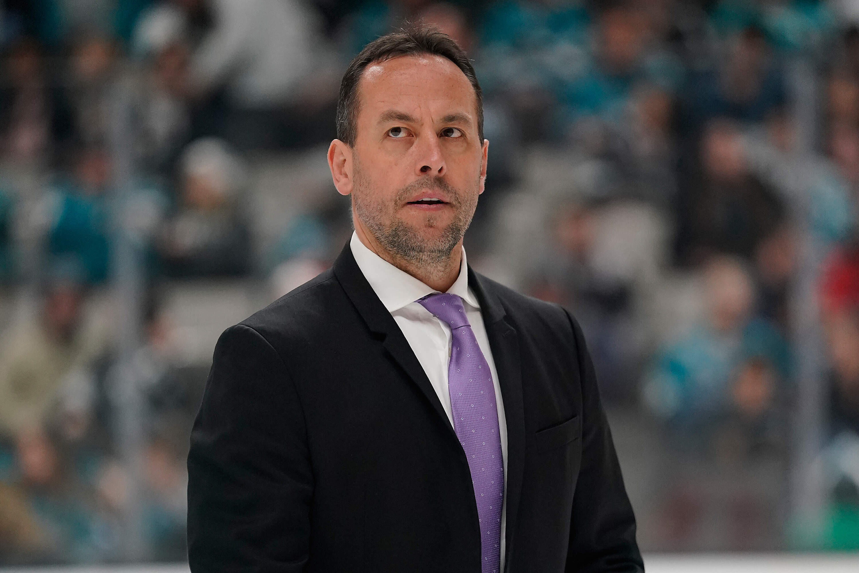 Marco Sturm, then a Los Angeles Kings assistant coach, walks off the ice at the end of the second period during a game in 2018.