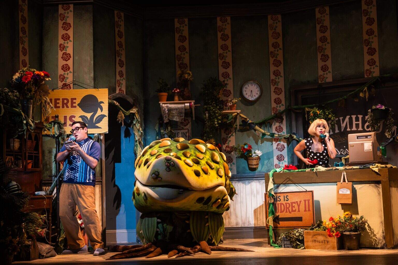 Stephen Markarian as Seymour, Audrey II, and Kayla Shimizu as Audrey in Greater Boston Stage Company's "Little Shop of Horrors." (Courtesy Nile Scott Studios)