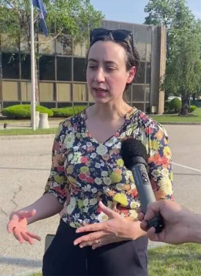Attorney Robin Nice, speaking to the media after her client, Marcelo Gomes Da Silva was released on bond from the Burlington center. (Meagan McGinnes-Bessey/WBUR)
