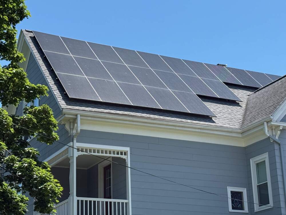 Solar panels on a home in Waltham, Mass. (Miriam Wasser/WBUR)