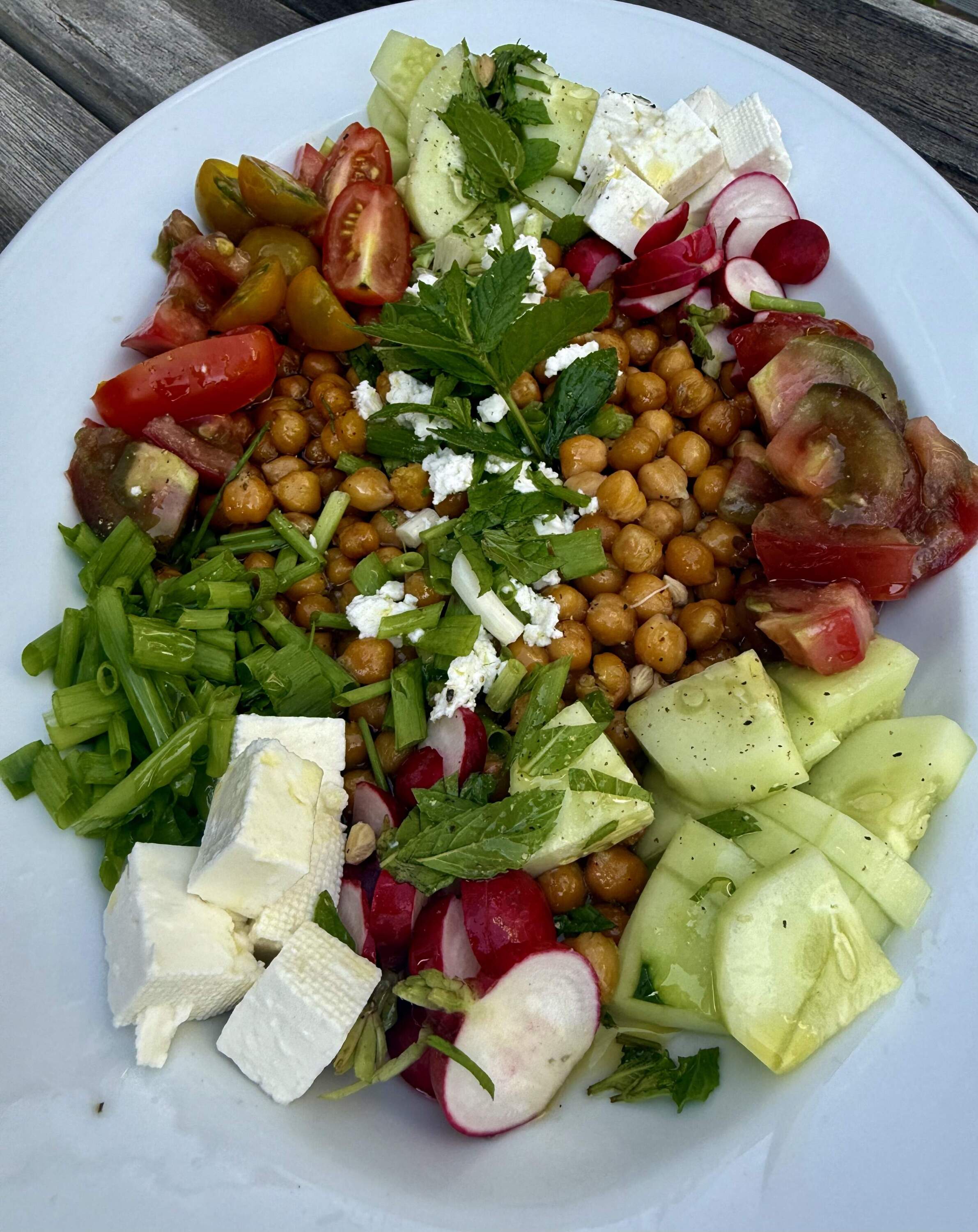 Roasted chickpea salad “Greek style.” (Kathy Gunst/Here & Now)