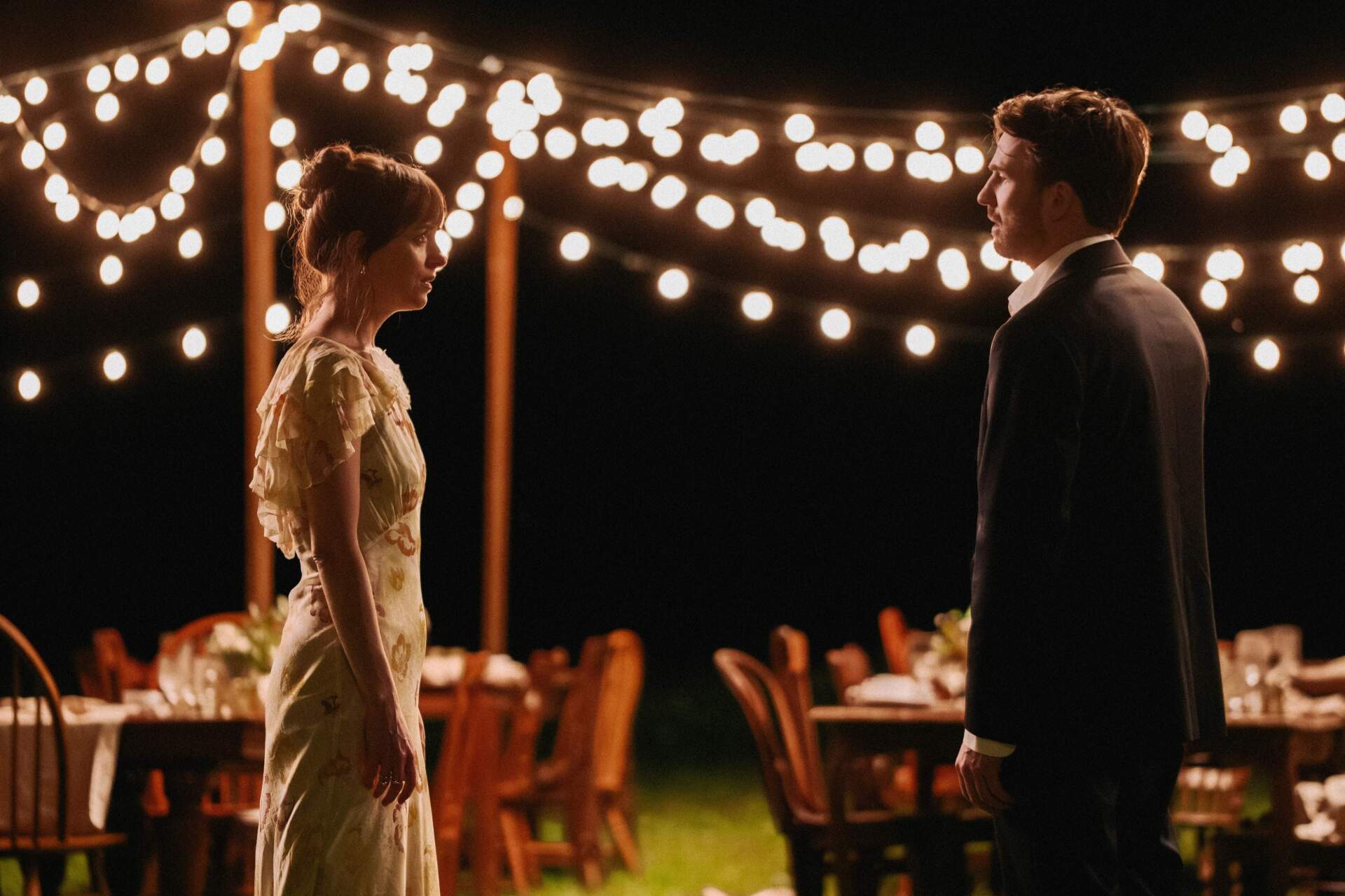 Dakota Johnson and Chris Evans in writer-director Celine Song's &quot;Materialists.&quot; (Courtesy Atsushi Nishijima/A24)