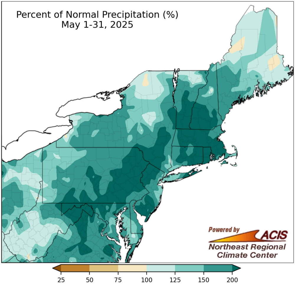 Percent of normal precipitation, May 2025. Courtesy Northeast Regional Climate Center