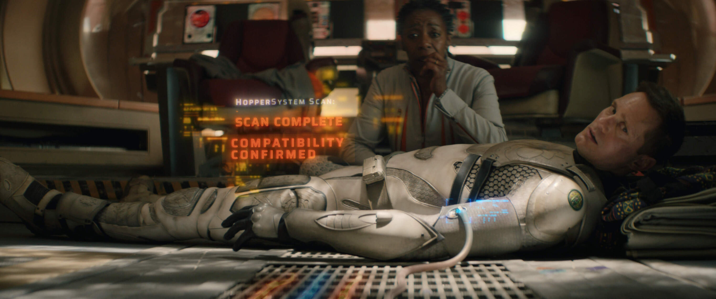 Noma Dumezweni and Alexander Skarsgård in "Murderbot," now streaming on Apple TV+. (Courtesy of Apple TV+)