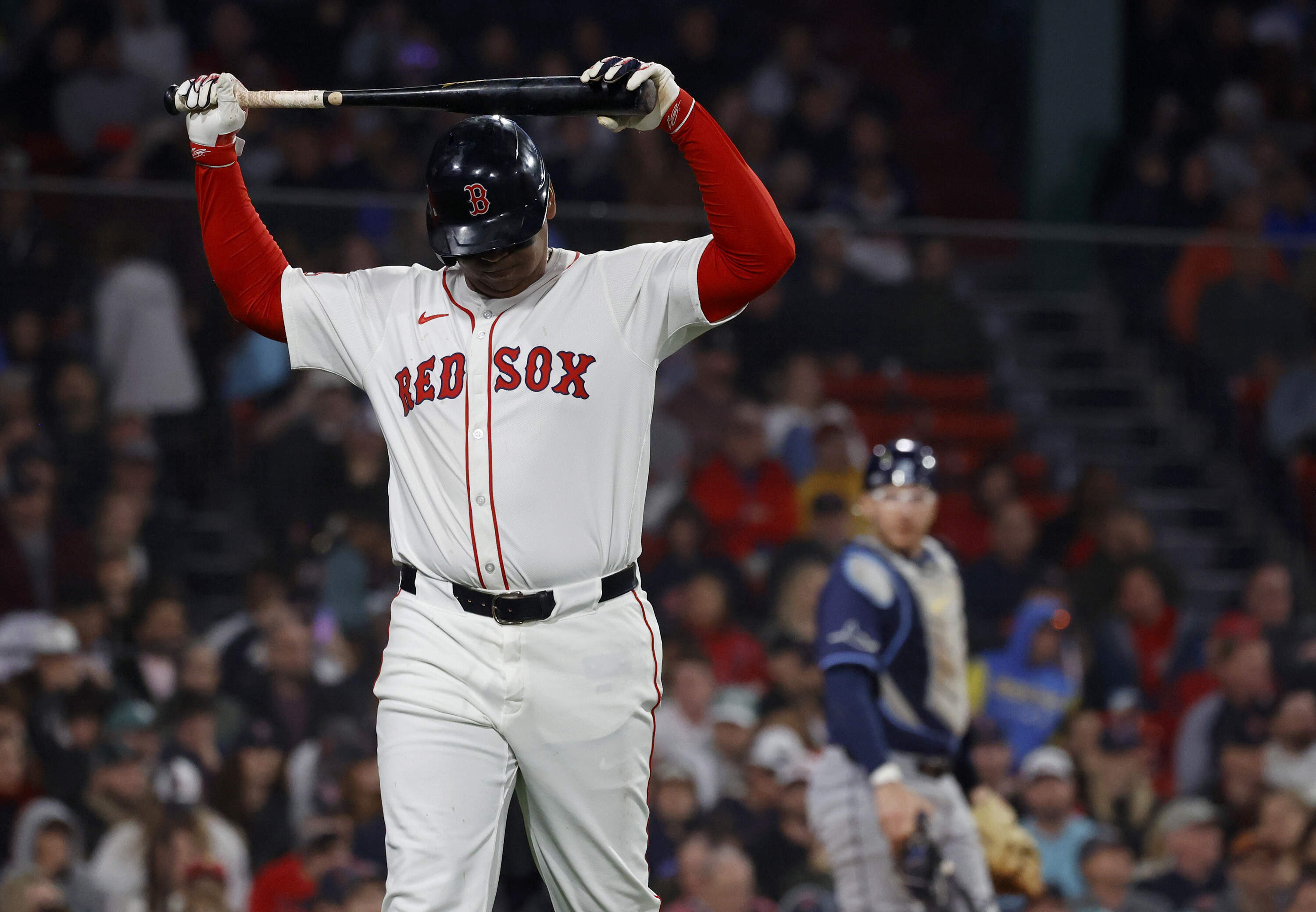Rafael Devers reacts after striking during a game at Fenway Park, June 9, 2025, in Boston. (Mary Schwalm/AP)