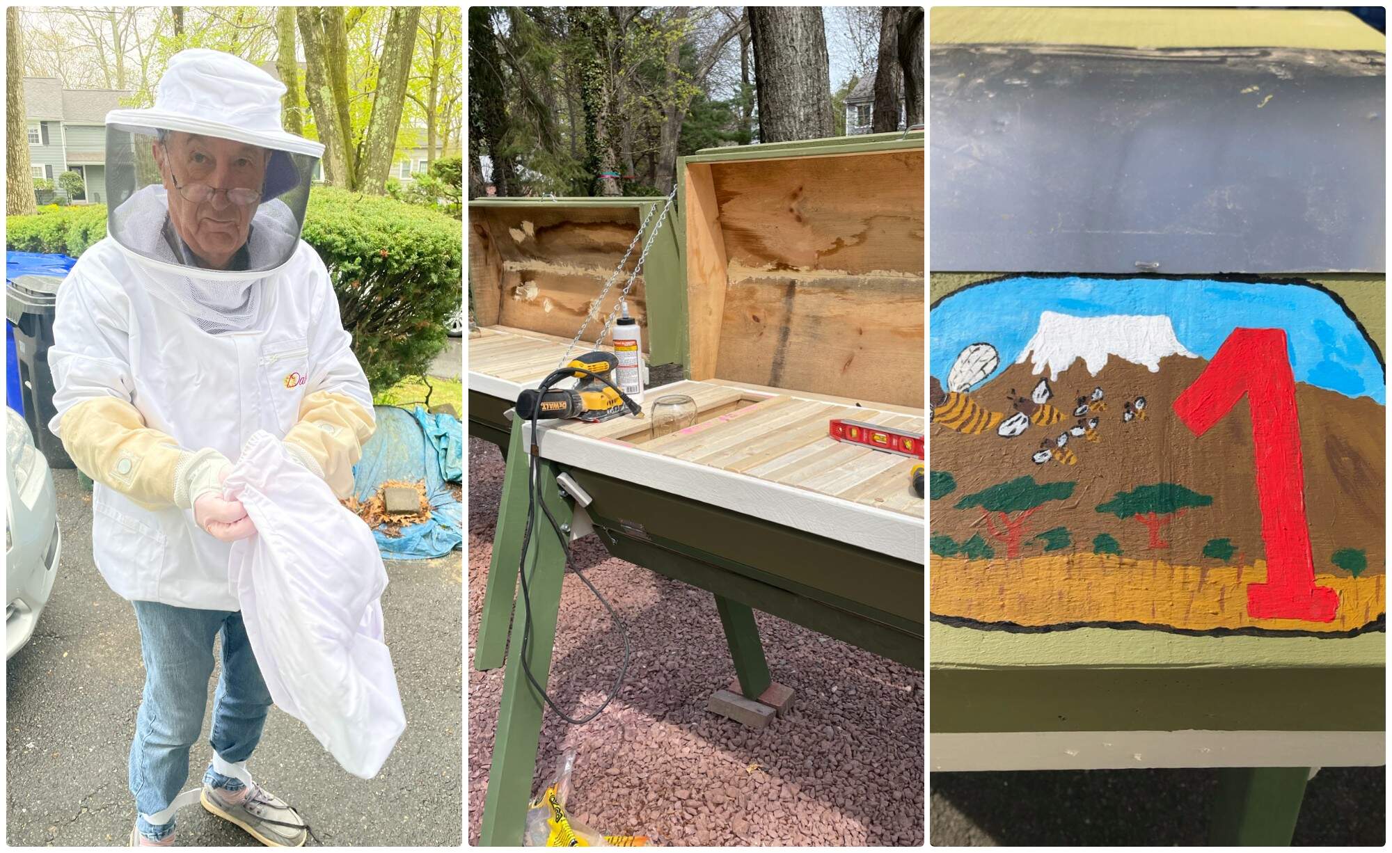 The author's other half, Peter, in his beekeeping gear; Peter's top bar hives; Peter's painting of Mount Kilimanjaro on hive 1. (Courtesy Linda Button)