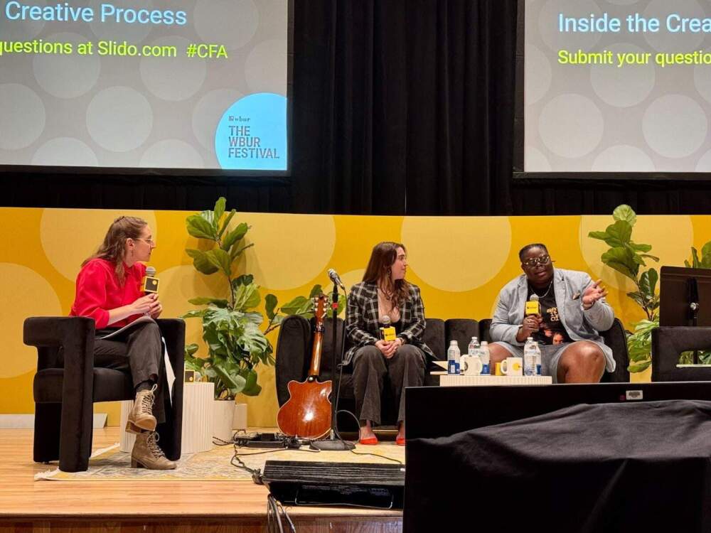 From left: Amory Sivertson, Alisa Amador and Porsha Olayiwola discussing the creative process at The WBUR Festival. (Maddie Browning/WBUR)