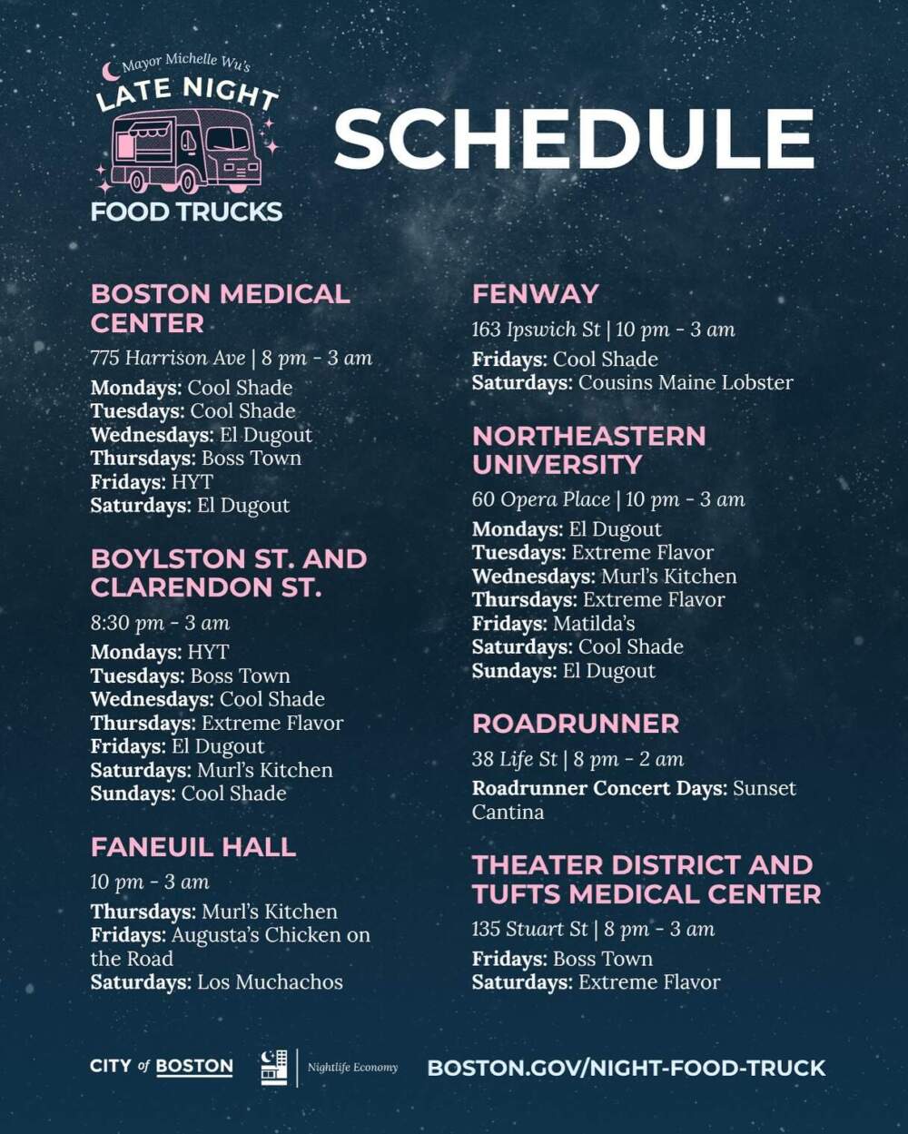 Boston's Late Night Food Truck Program schedule. (City of Boston)