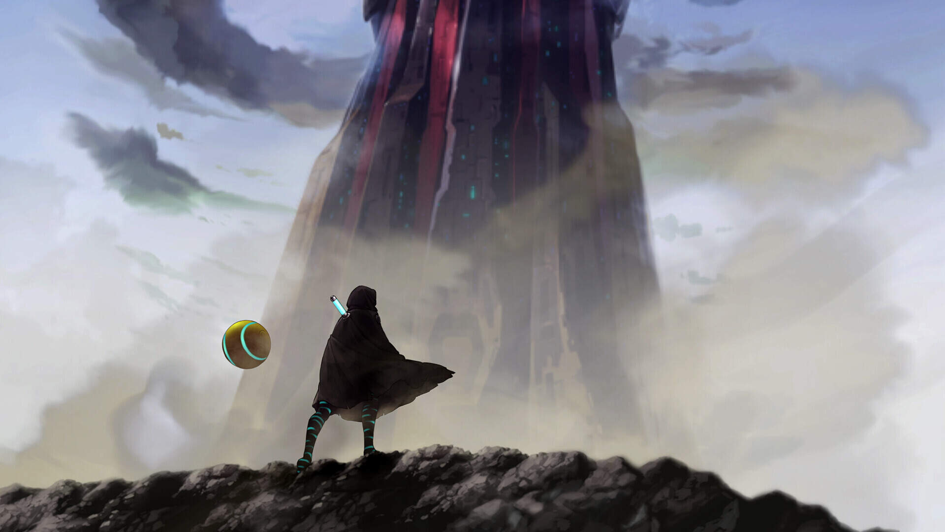 The spherical PUCK and the player character survey an imposing structure in "Shadow Labyrinth." (Courtesy of Bandai Namco)