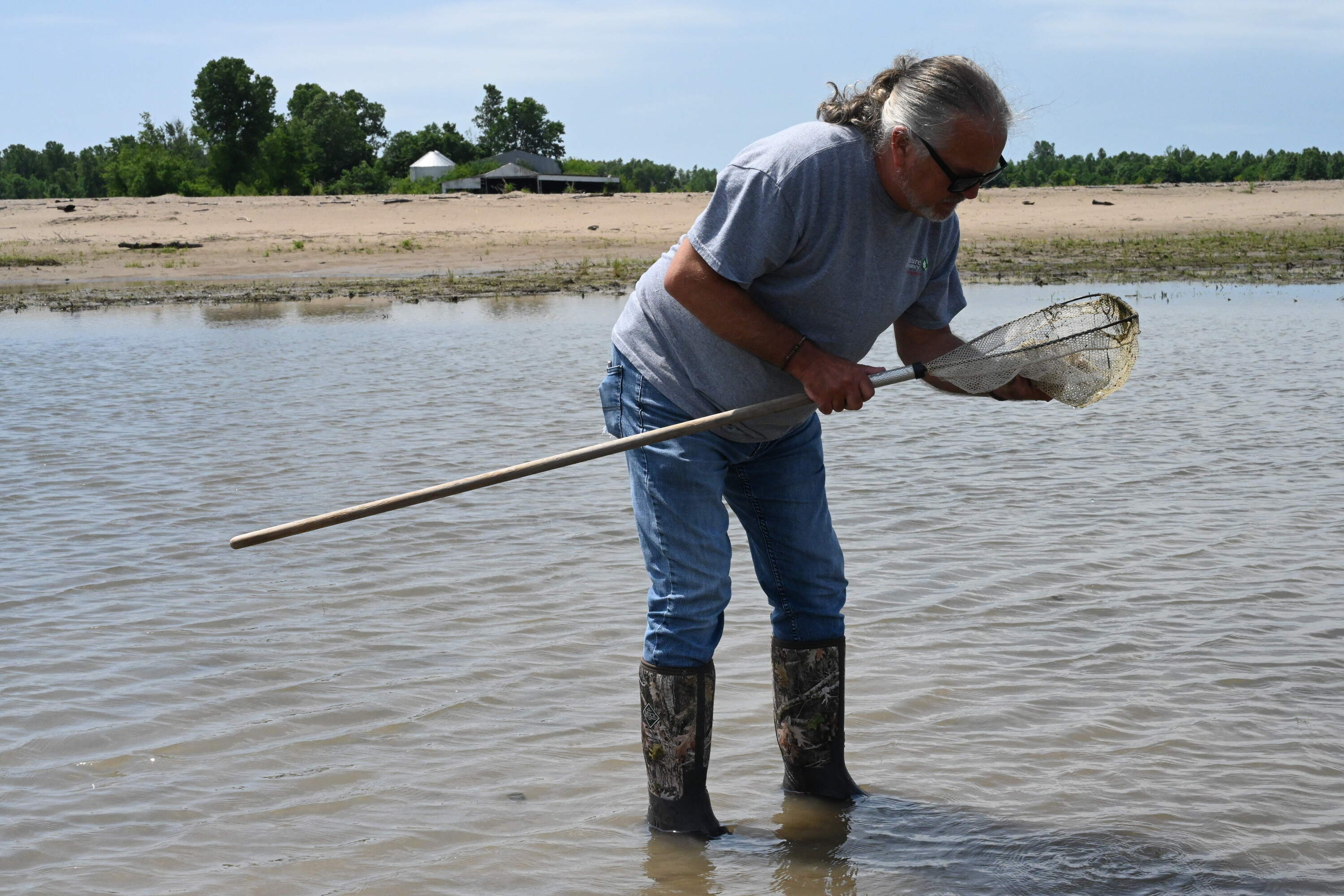 Tharran Hobson with The Nature Conservancy looks for threatened Illinois chorus frogs. (Chris Bentley/Here &amp; Now)