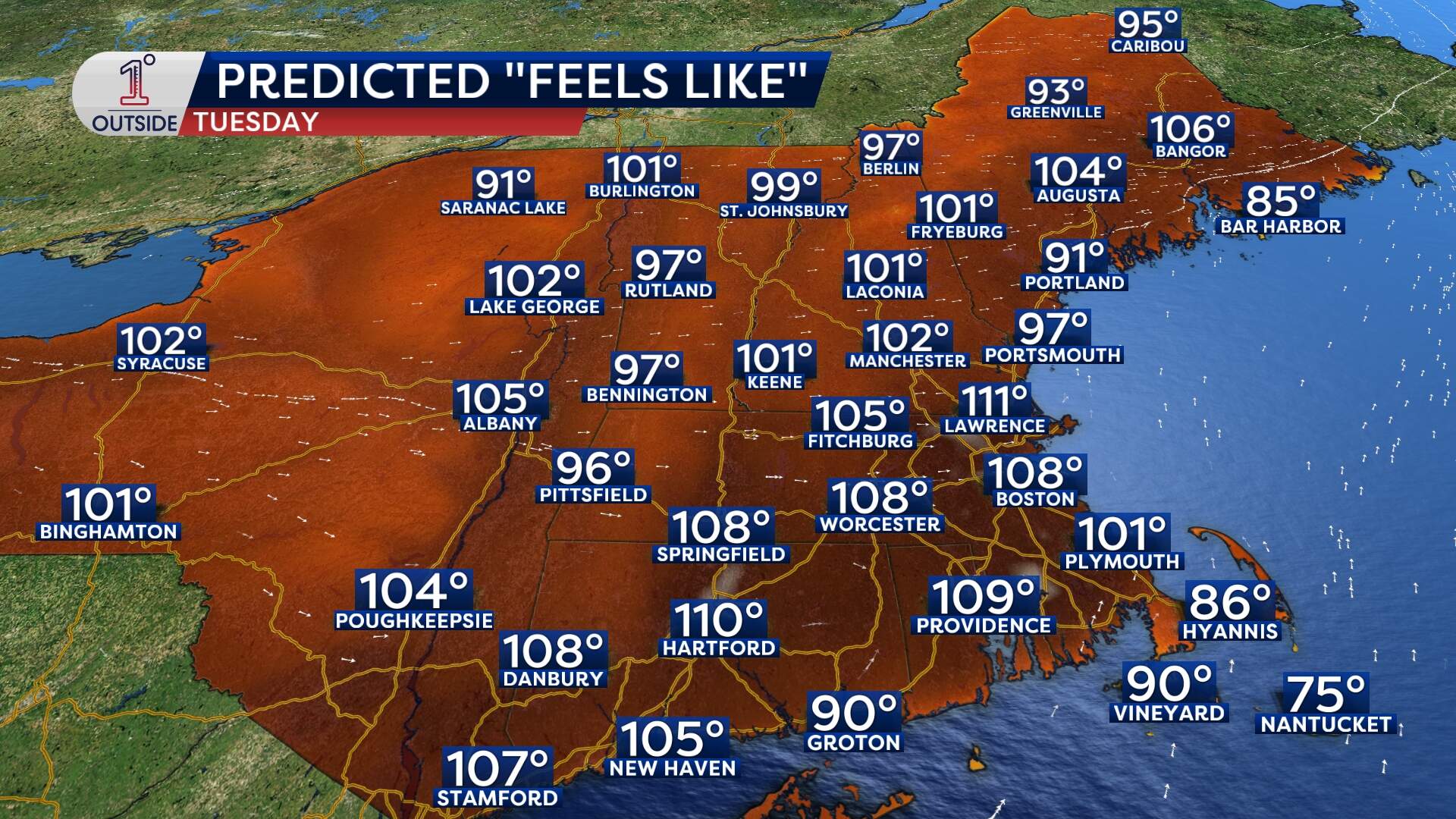 Projected heat index for Tuesday. (1Degree Outside)