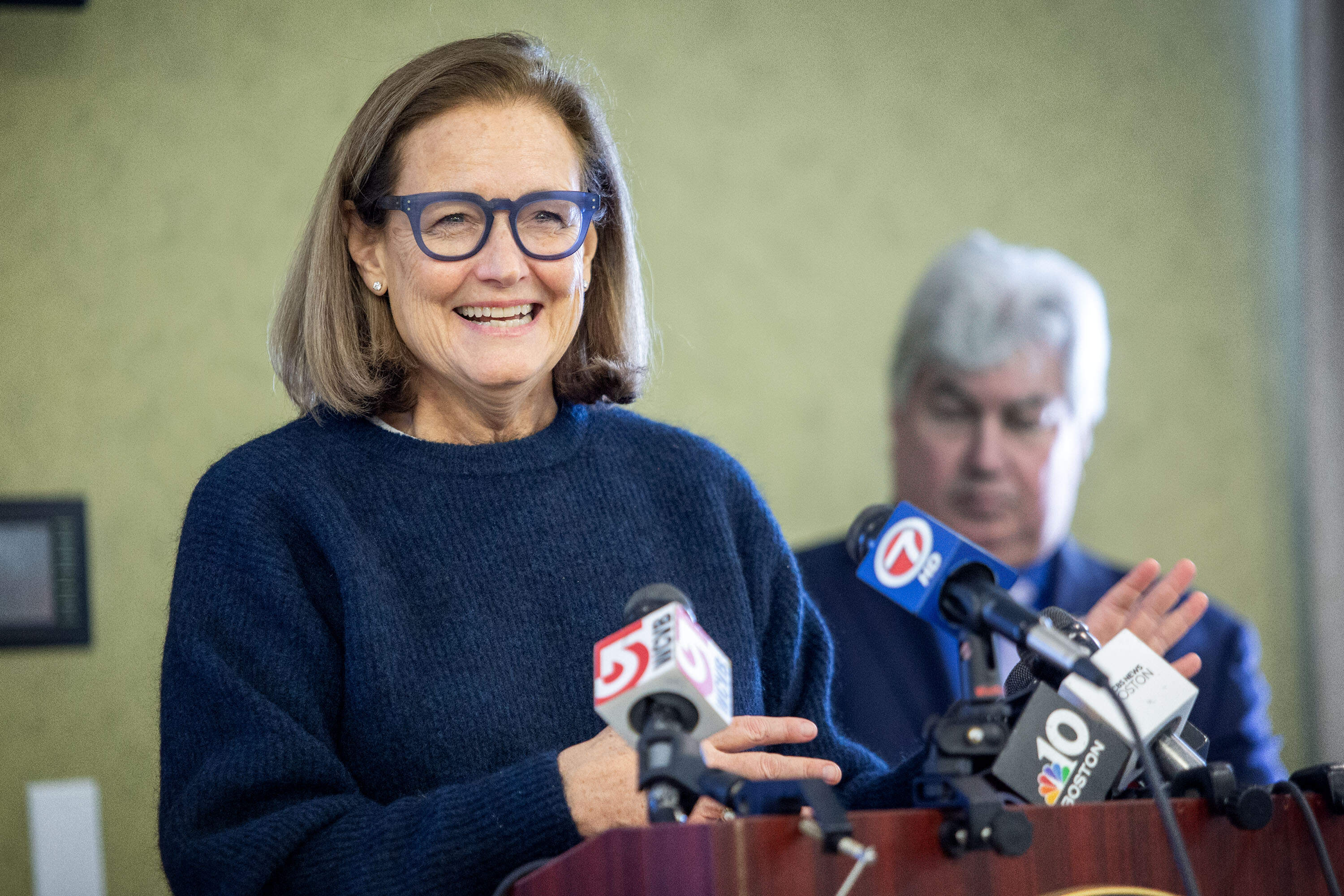 Mass. Secretary of Health and Human Services Kate Walsh speaks at the Good Samaritan Medical Center in Brockton, in February 2024. (Robin Lubbock/WBUR)