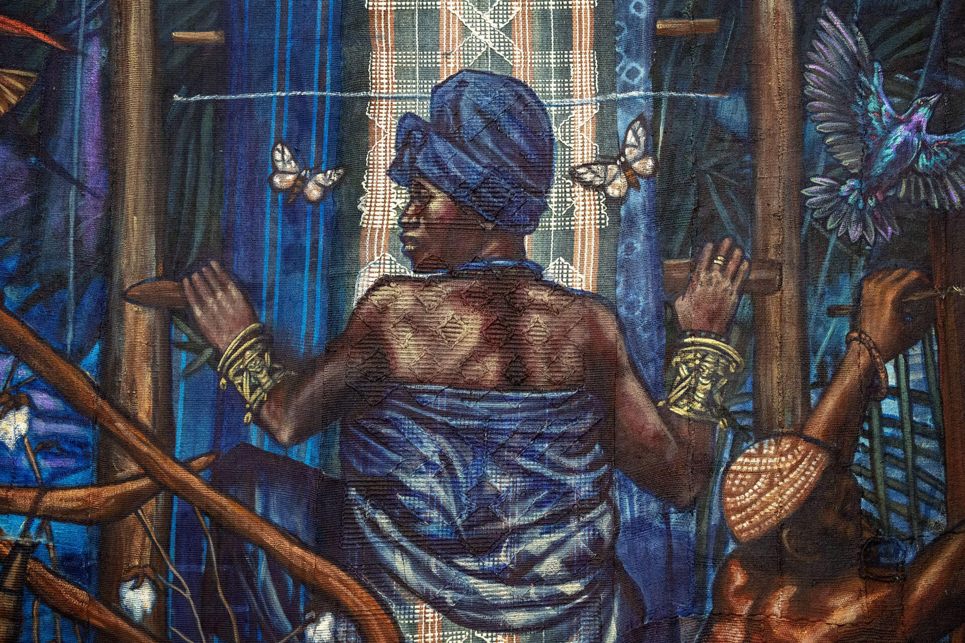 "Under the Spider's Web" shows how artist Stephen Hamilton blends the colors and texture of his weaving with his additional painting work. (Robin Lubbock/WBUR)