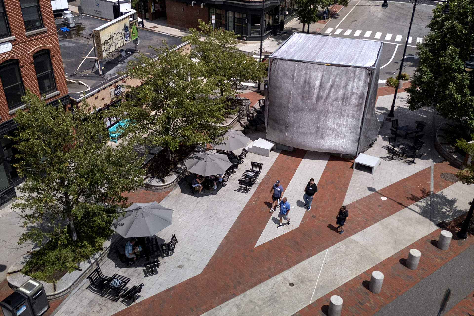 “Sun Block,” an installation at Jill Brown-Rhone Park in Cambridge, Mass. (Robin Lubbock/WBUR)