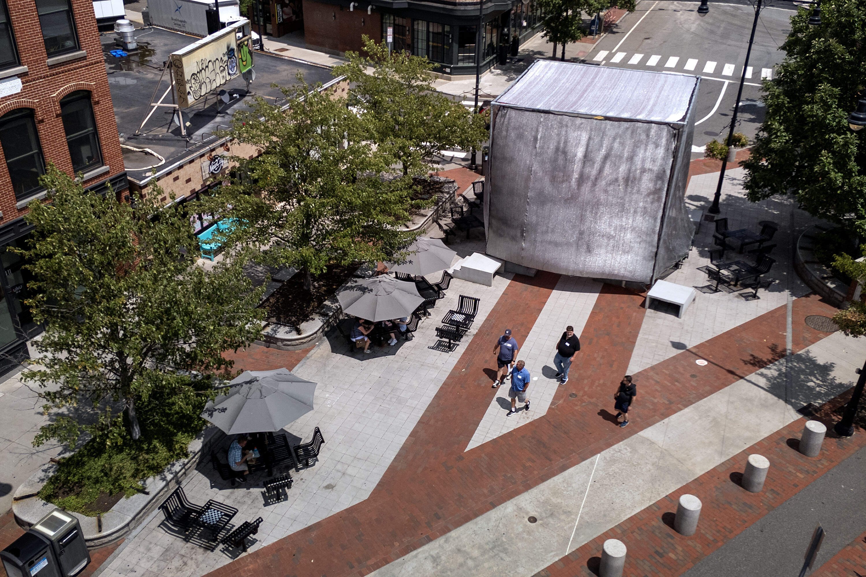“Sun Block,” an installation at Jill Brown-Rhone Park in Cambridge, Mass. (Robin Lubbock/WBUR)