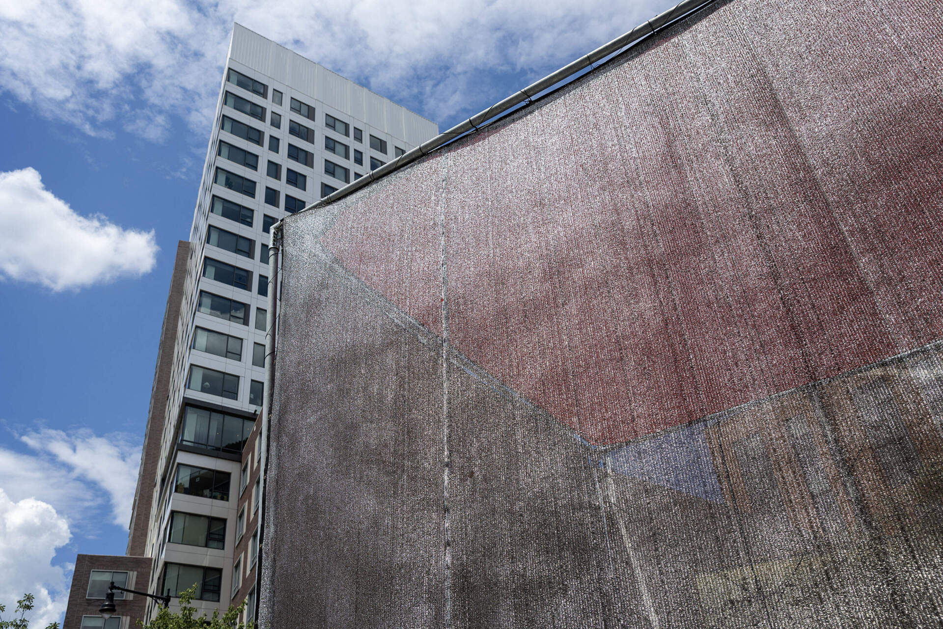 The installation “Sun Block,” sits at Jill Brown-Rhone Park in Cambridge, Mass. (Robin Lubbock/WBUR)