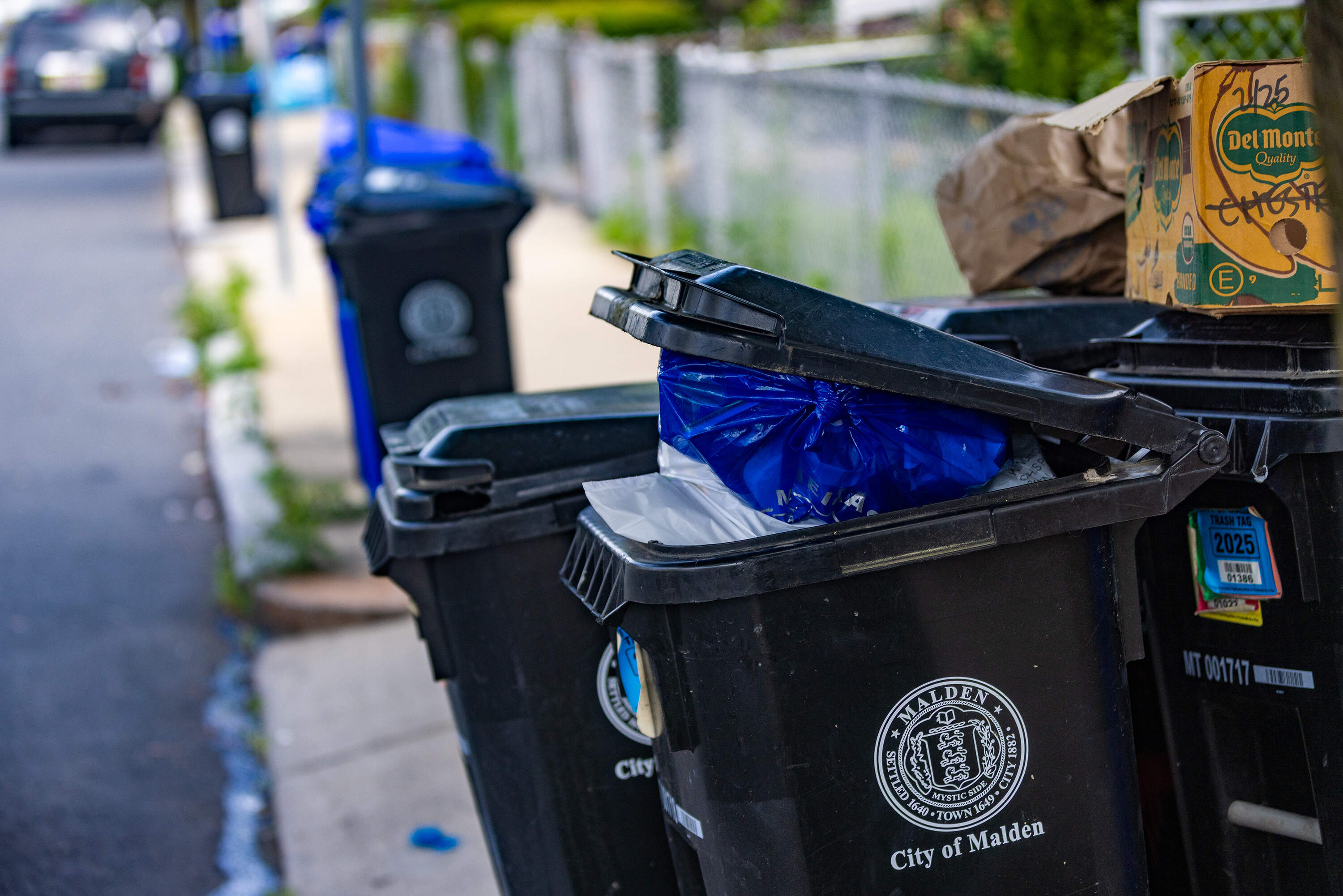 Trash and recycle bins on Stearns Street in Malden await collection on July 1, the first day of the Republic Services strike. (Jesse Costa/WBUR)
